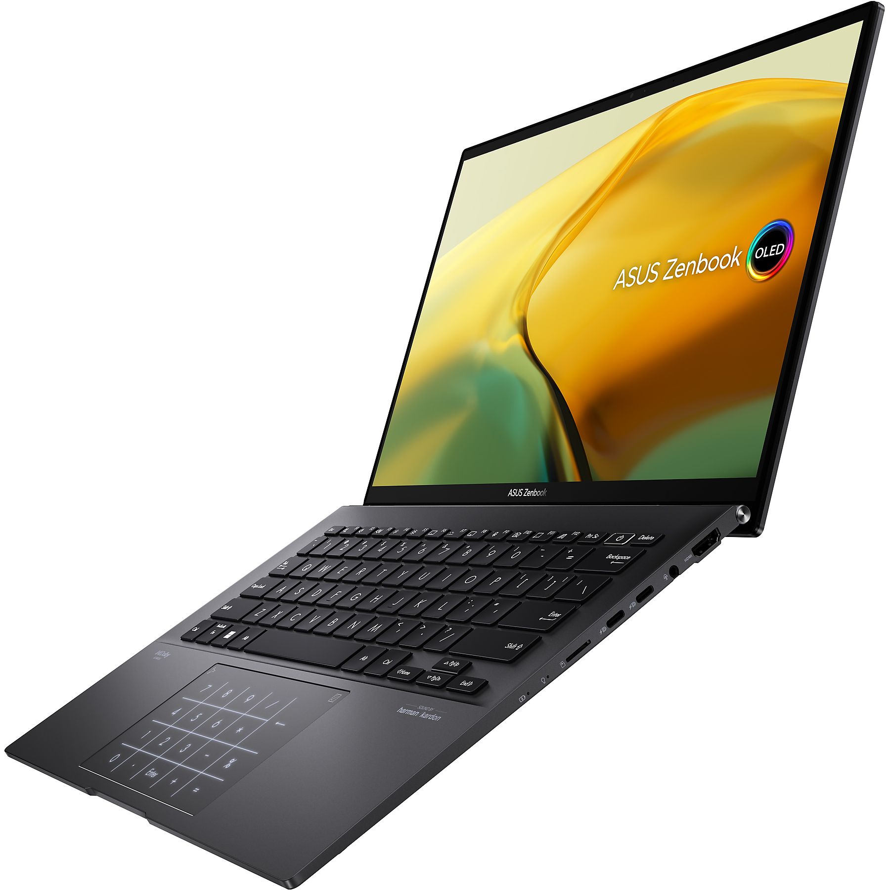 Un ordinateur portable ASUS Zenbook gris est incliné, présentant son clavier, son pavé tactile et son écran coloré.