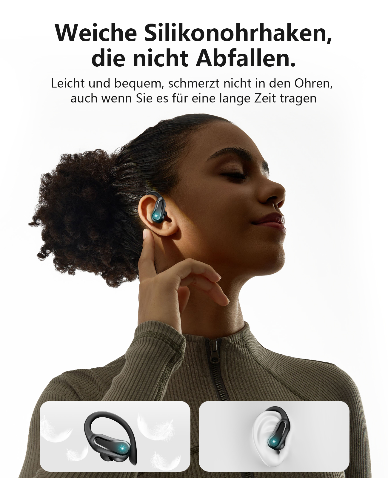 Eine Frau mit lockigem Haar trägt einen kabellosen Ohrhörer. Der Ohrhörer ist schwarz mit einem grünen Akzent.