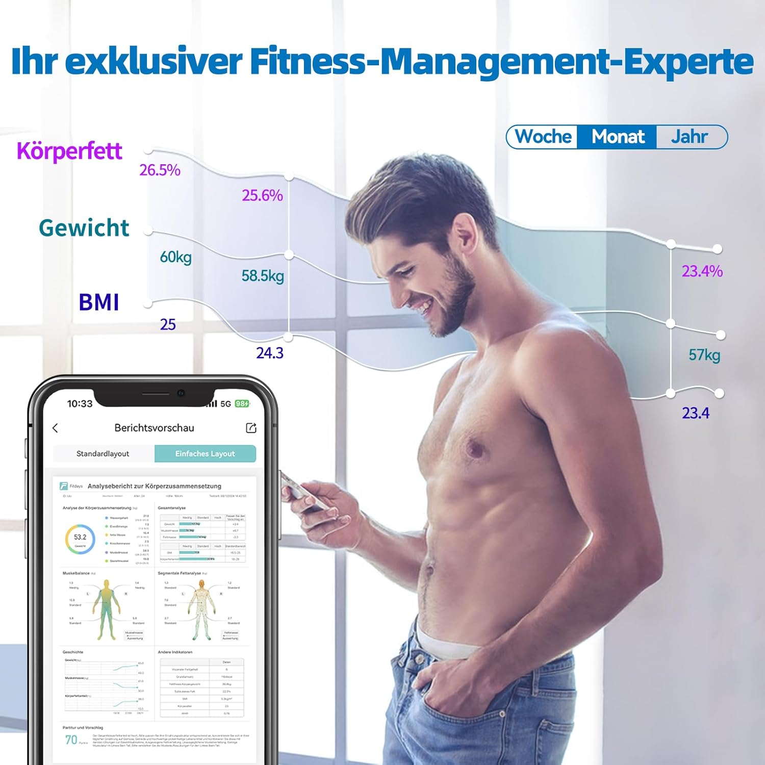 Eine Fitness-App zeigt Körperfett-, Gewichts- und BMI-Daten neben einem Mann an. Fenster und Telefon im Hintergrund.