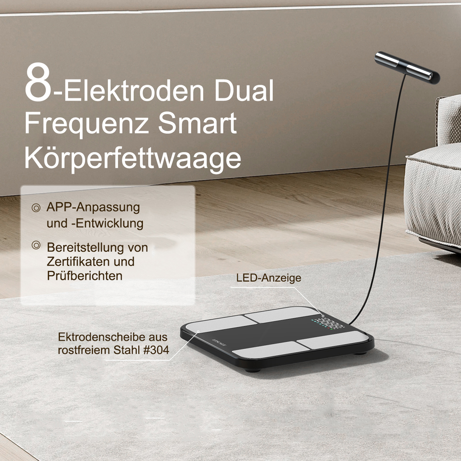 Eine intelligente 8-Elektroden-Körperfettwaage wird angezeigt, die ihr Design und ihre Funktionen wie App-Konnektivität und Edelstahlpads zeigt.