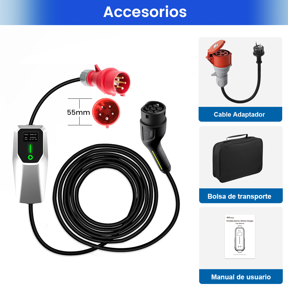 La imagen muestra accesorios para un cargador EV, incluyendo cables, adaptadores, una bolsa de transporte y un manual de usuario.