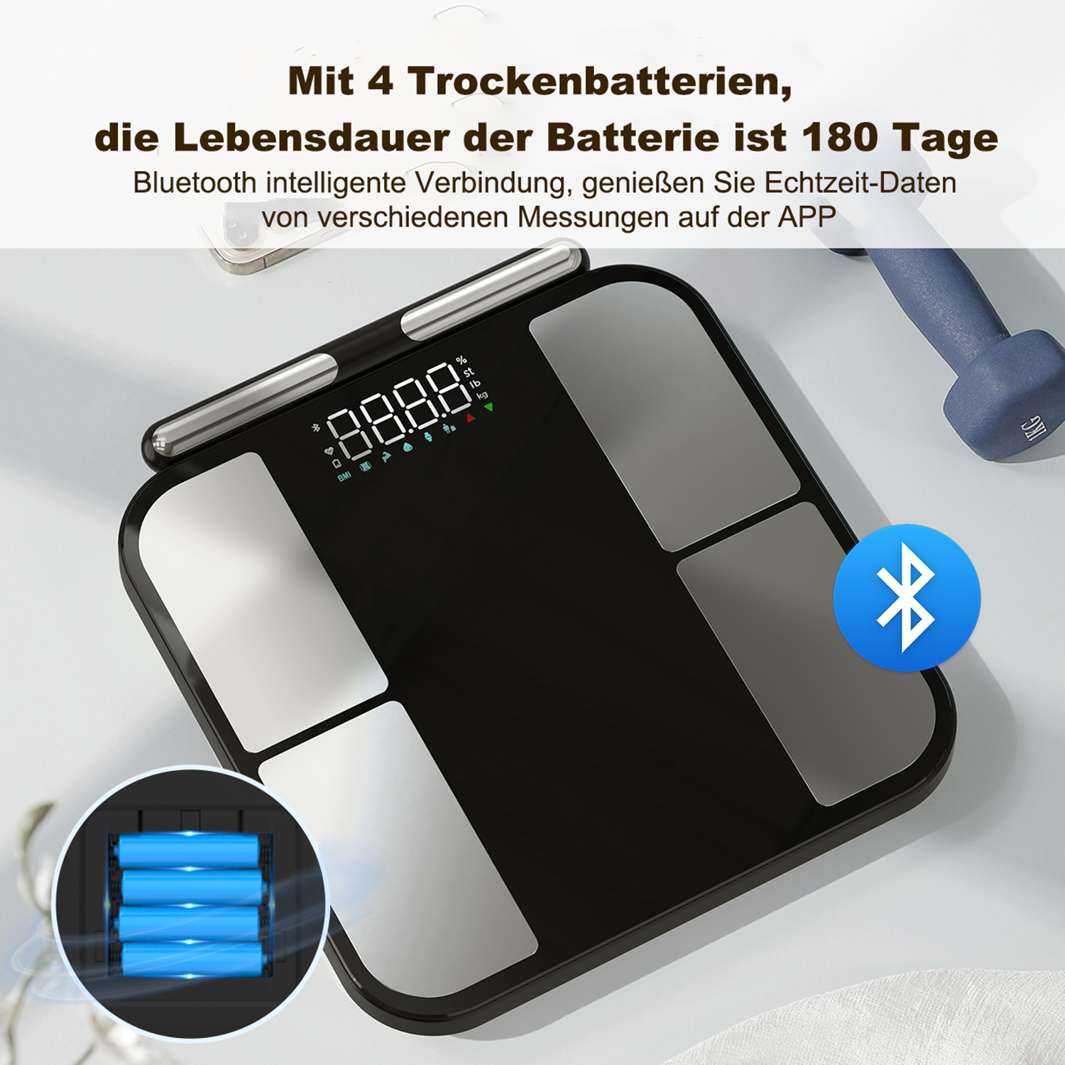 Eine intelligente Waage mit einem Display, das 88,88 % anzeigt, hebt die Bluetooth-Konnektivität und die Batterielebensdauer für verschiedene Messungen hervor.