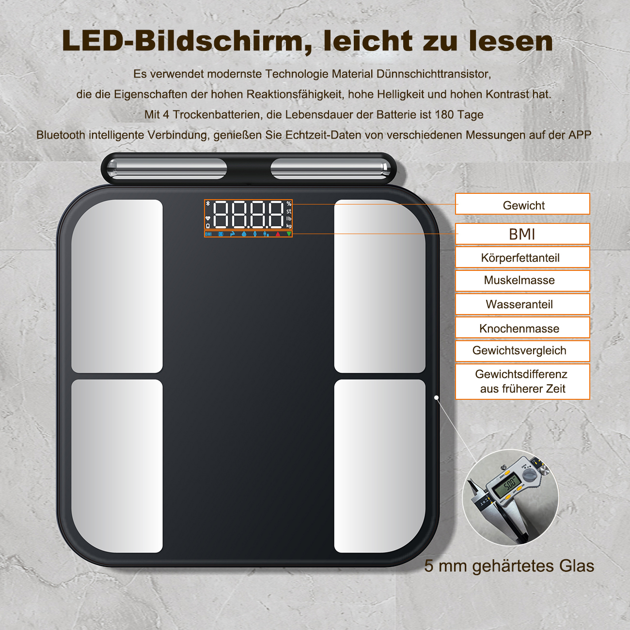 Eine intelligente Waage zeigt Gewicht, BMI, Körperfett und Muskelmasse mit einem klaren LED-Bildschirm und einer Oberfläche aus gehärtetem Glas an.
