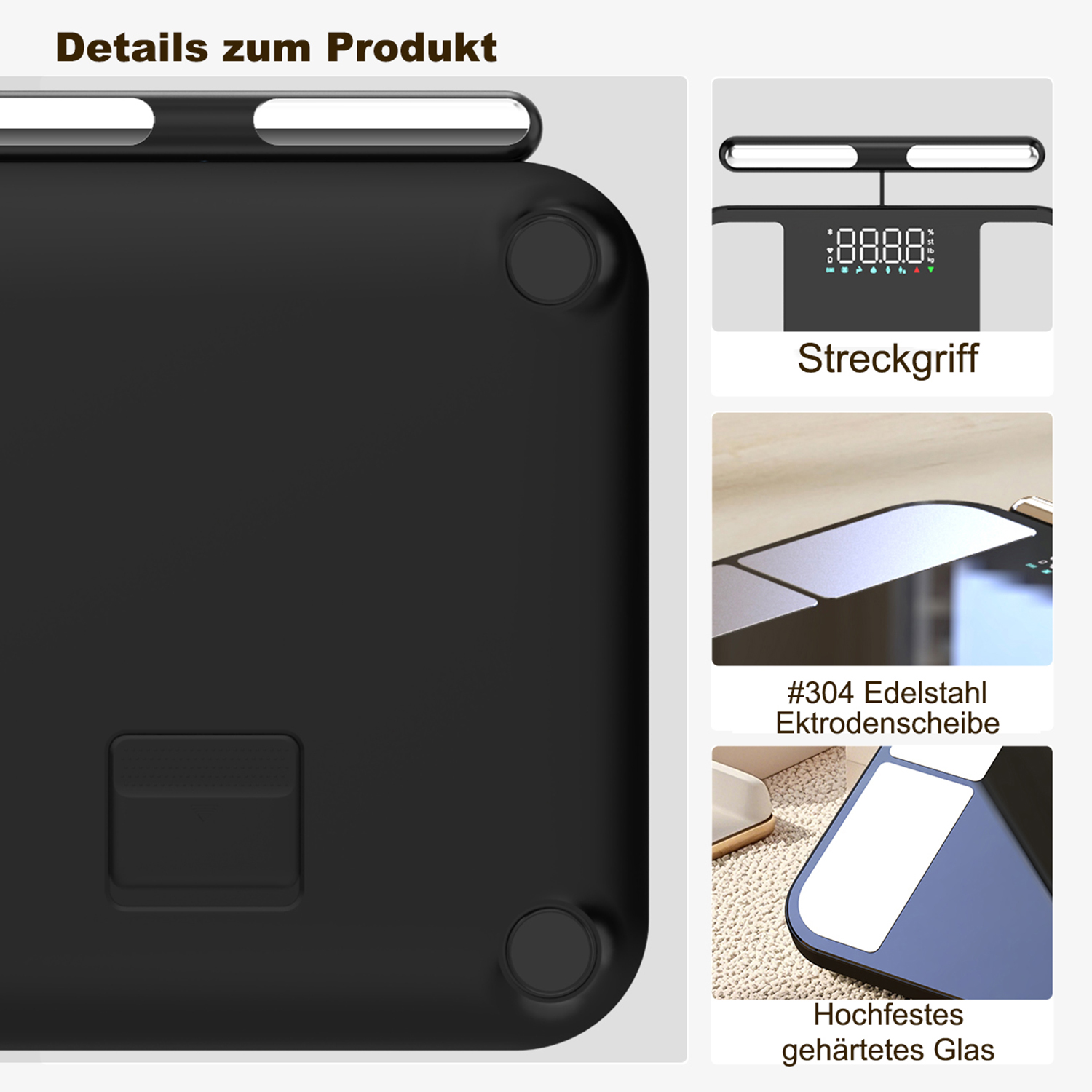 Details einer intelligenten Waage: Nahaufnahme von Display, Dehnungsgriff, Elektrodenpads aus Edelstahl und Basis aus gehärtetem Glas.
