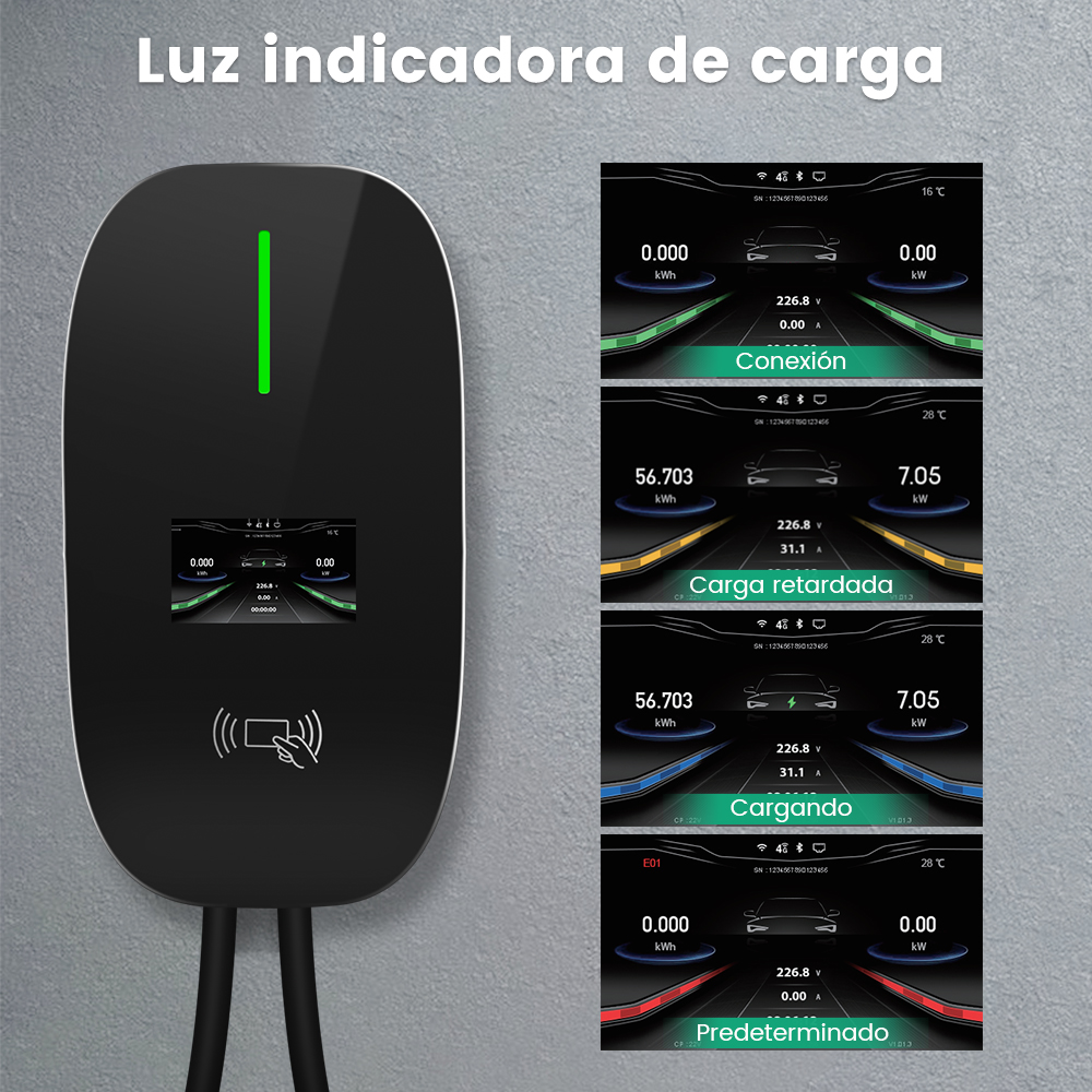 Un cargador EV con una luz indicadora de carga muestra diferentes estados de carga a través de la conexión, la carga retardada y las fases de carga.