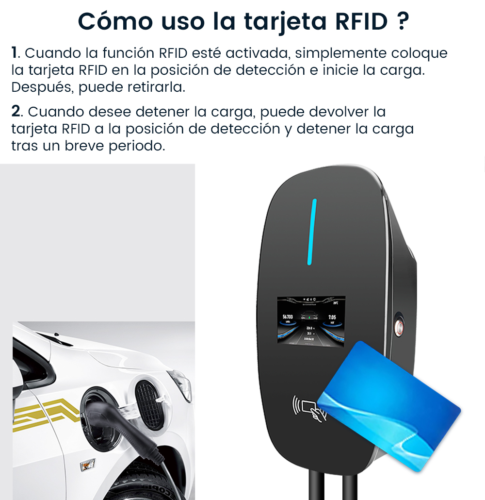 Un coche eléctrico está conectado a una estación de carga. Una tarjeta RFID azul está cerca.