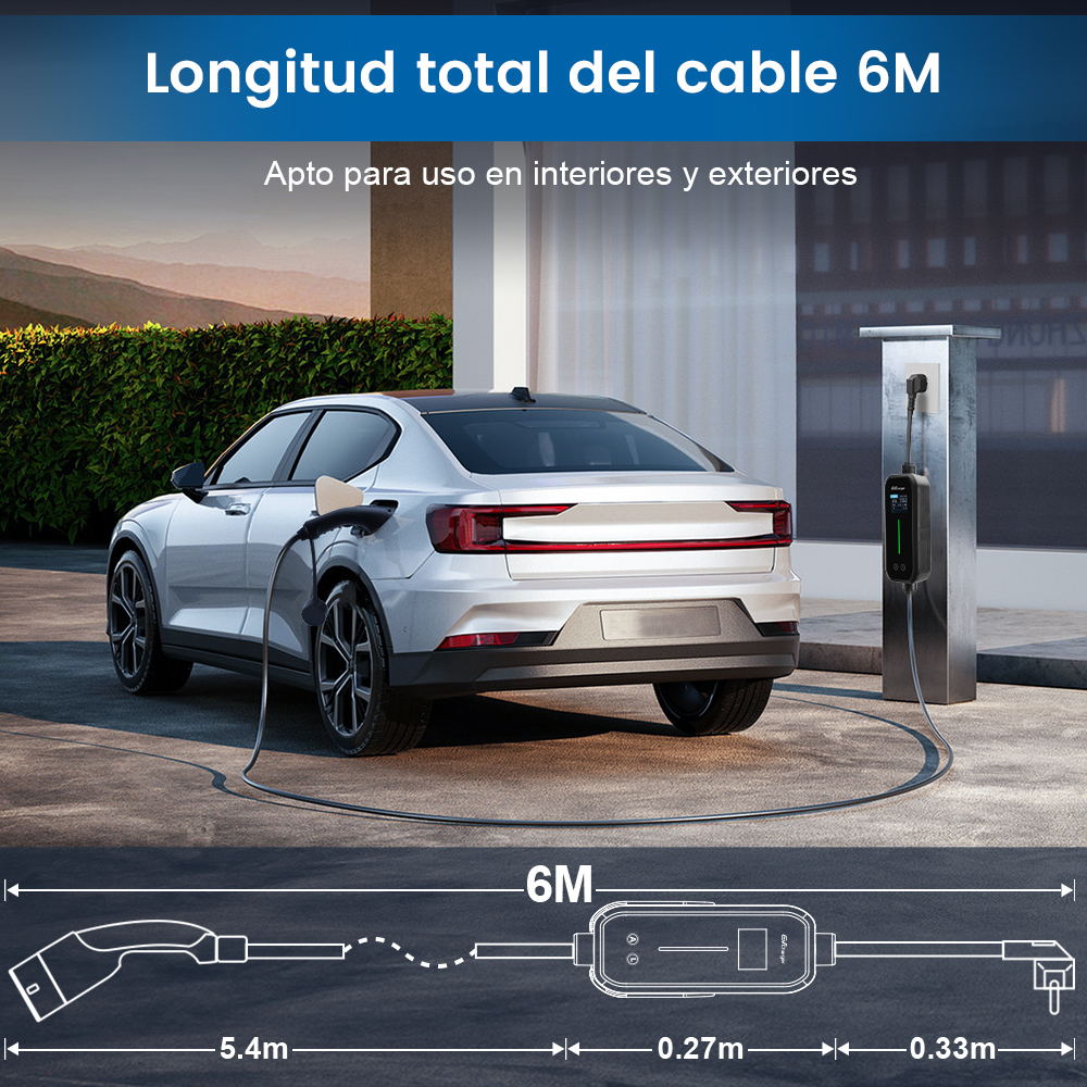 Un coche eléctrico cargando en una estación. Diagrama muestra la longitud del cable (6m) y detalles.