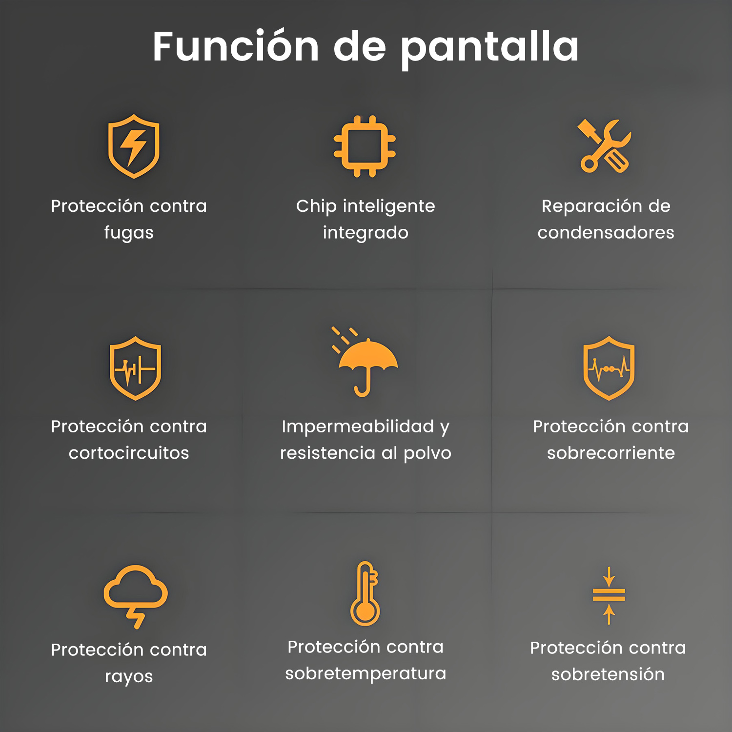 Iconos que detallan las funciones de un cargador EV: protección contra fugas, sobretensiones y sobrecorriente.
