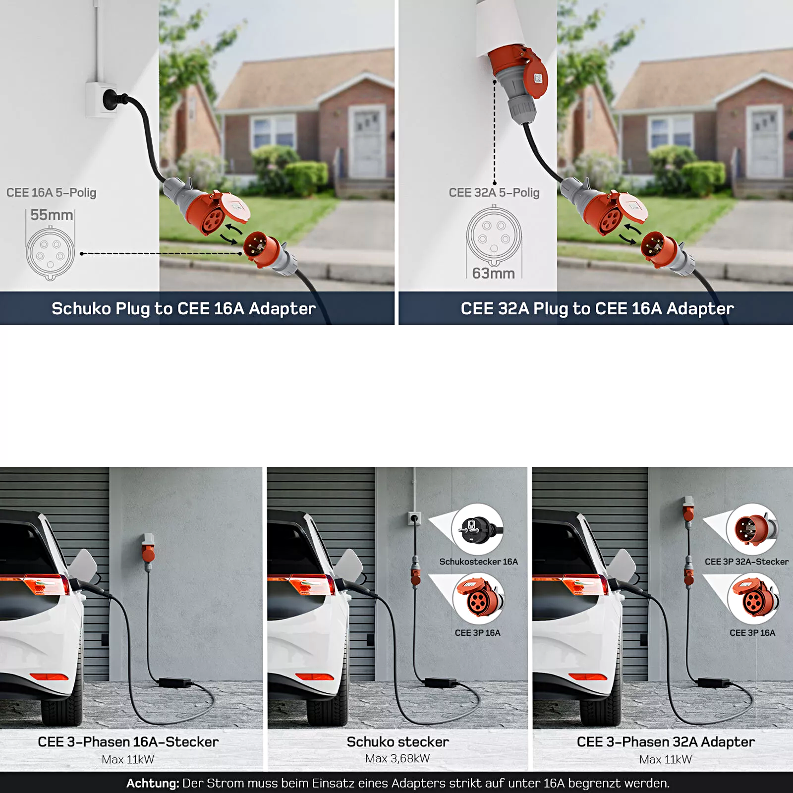 La imagen muestra varios adaptadores y conectores para la carga de vehículos eléctricos en un entorno doméstico.
