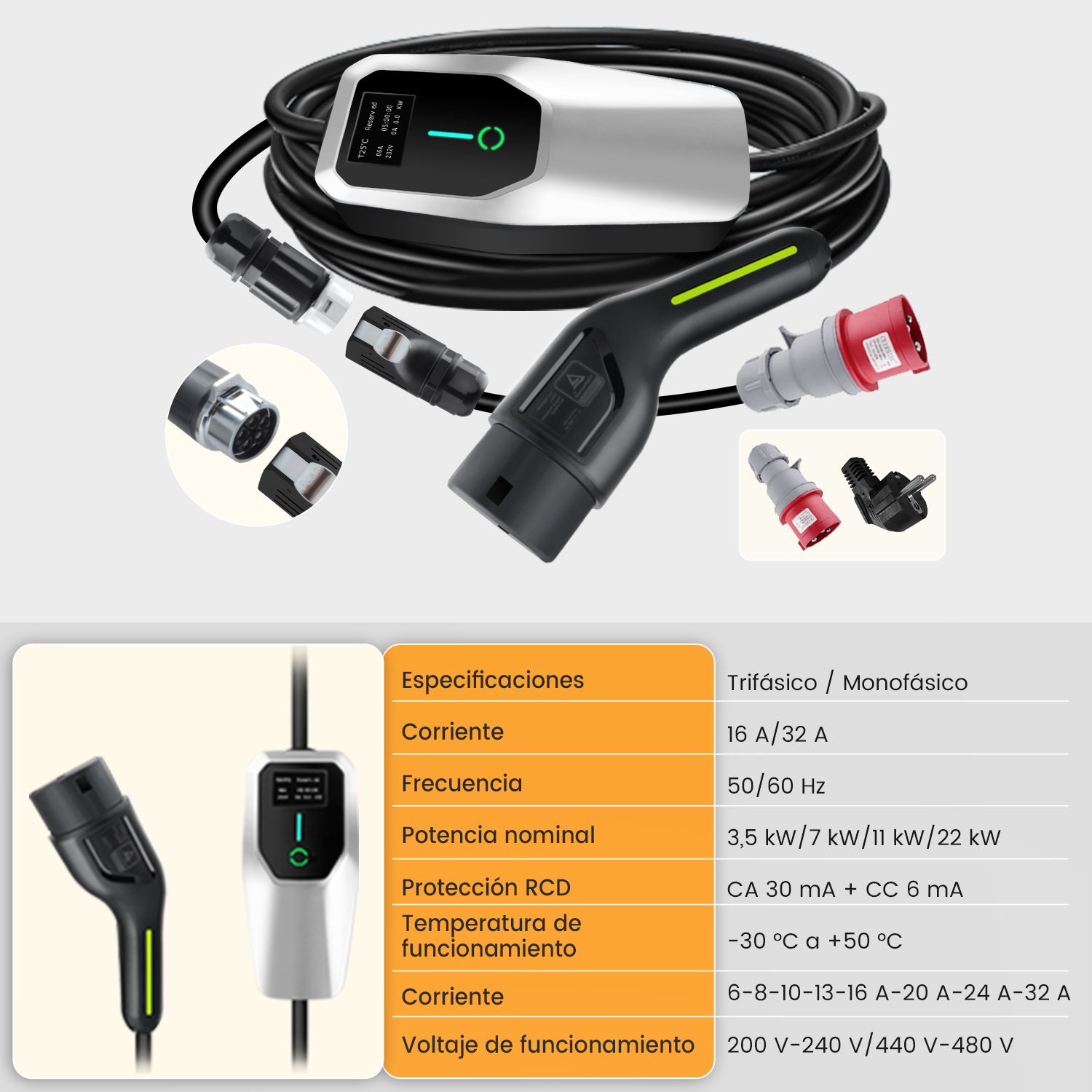 La imagen muestra un cargador de vehículos eléctricos con especificaciones detalladas y varios conectores.
