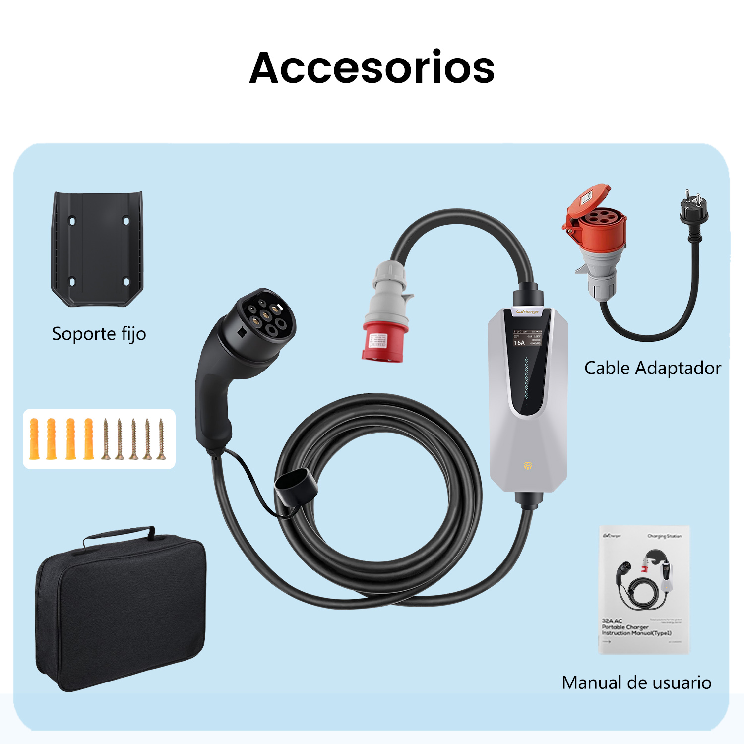 La imagen muestra accesorios para un cargador de vehículos eléctricos, incluyendo un soporte, cables y manual de usuario.