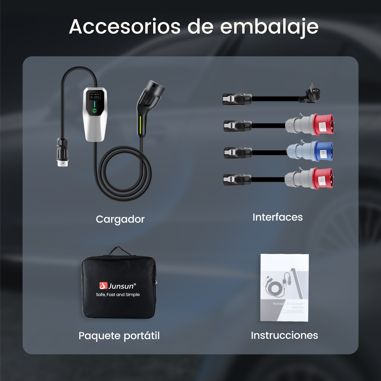 La imagen muestra los accesorios de embalaje para un cargador de vehículos eléctricos, incluyendo cables y una bolsa de transporte.
