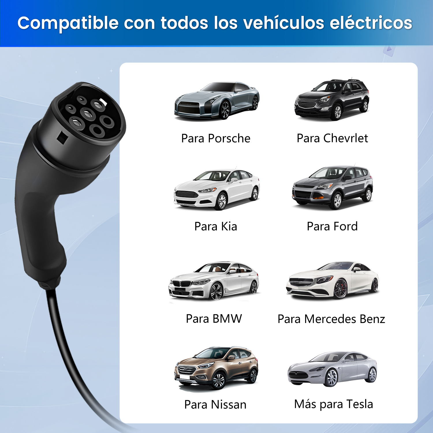 La imagen muestra un conector de cargador EV junto a varios modelos de automóviles, lo que indica compatibilidad.