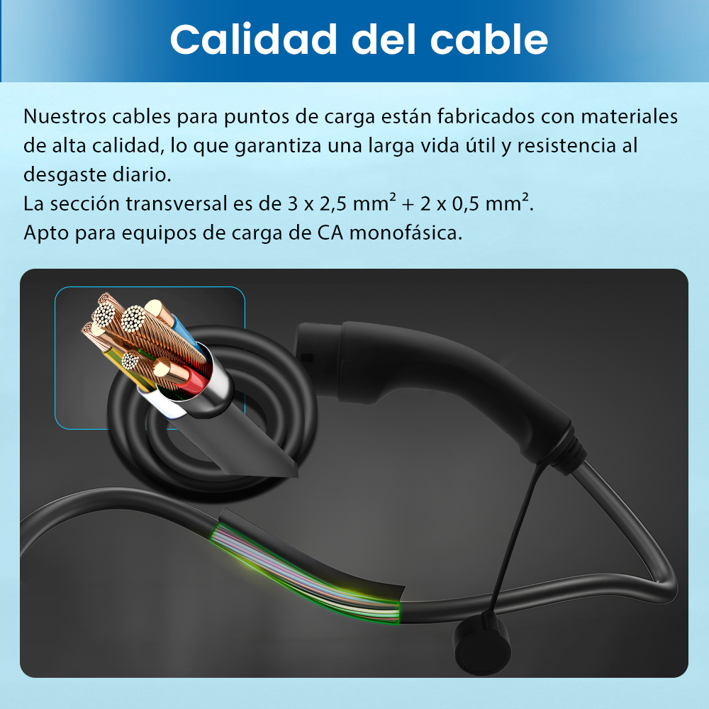 Se muestra un cable de carga EV negro, que muestra su sección transversal y cableado interno, con una franja verde.