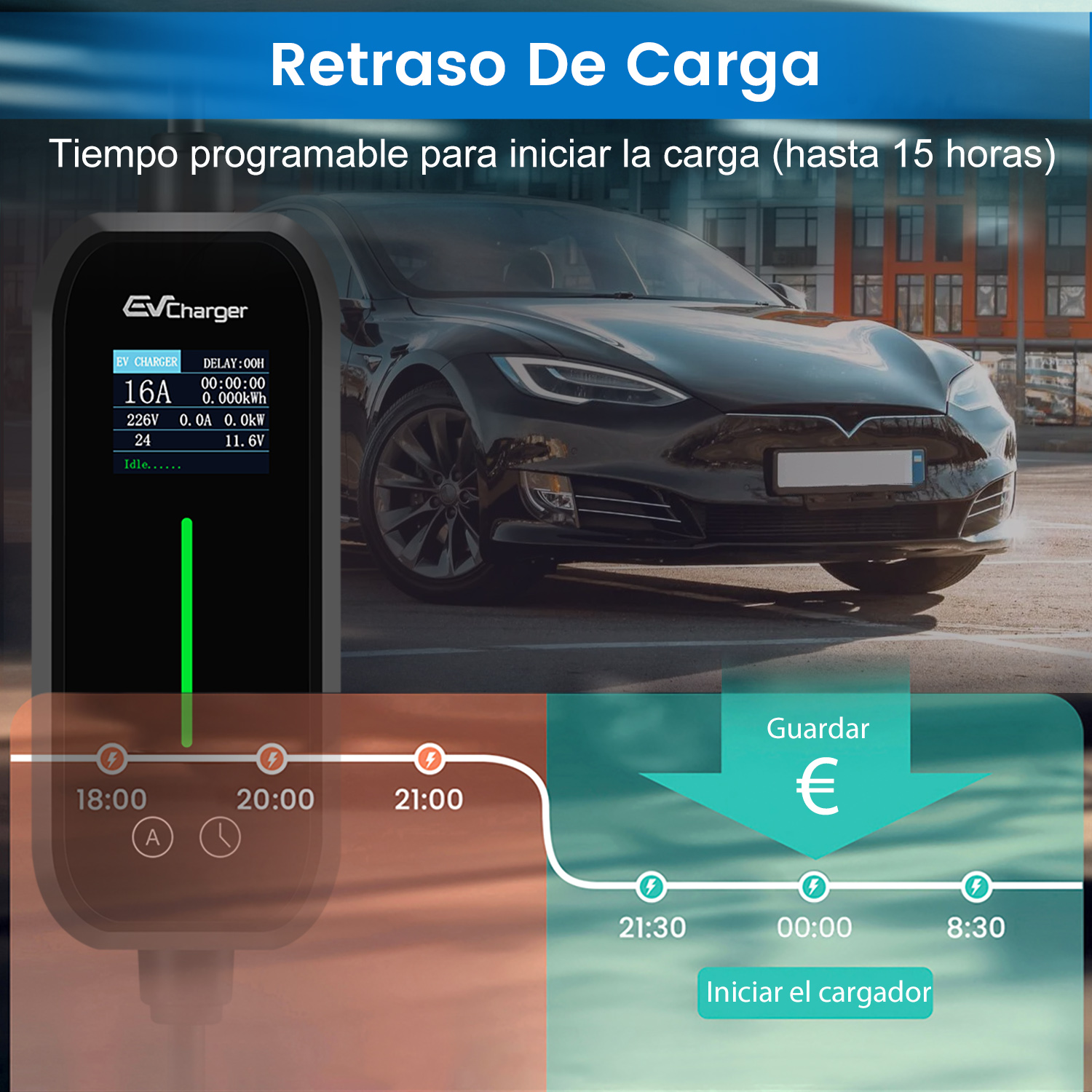 La imagen muestra un cargador de vehículos eléctricos que retrasa la carga para ahorrar costos durante las horas de menor actividad.