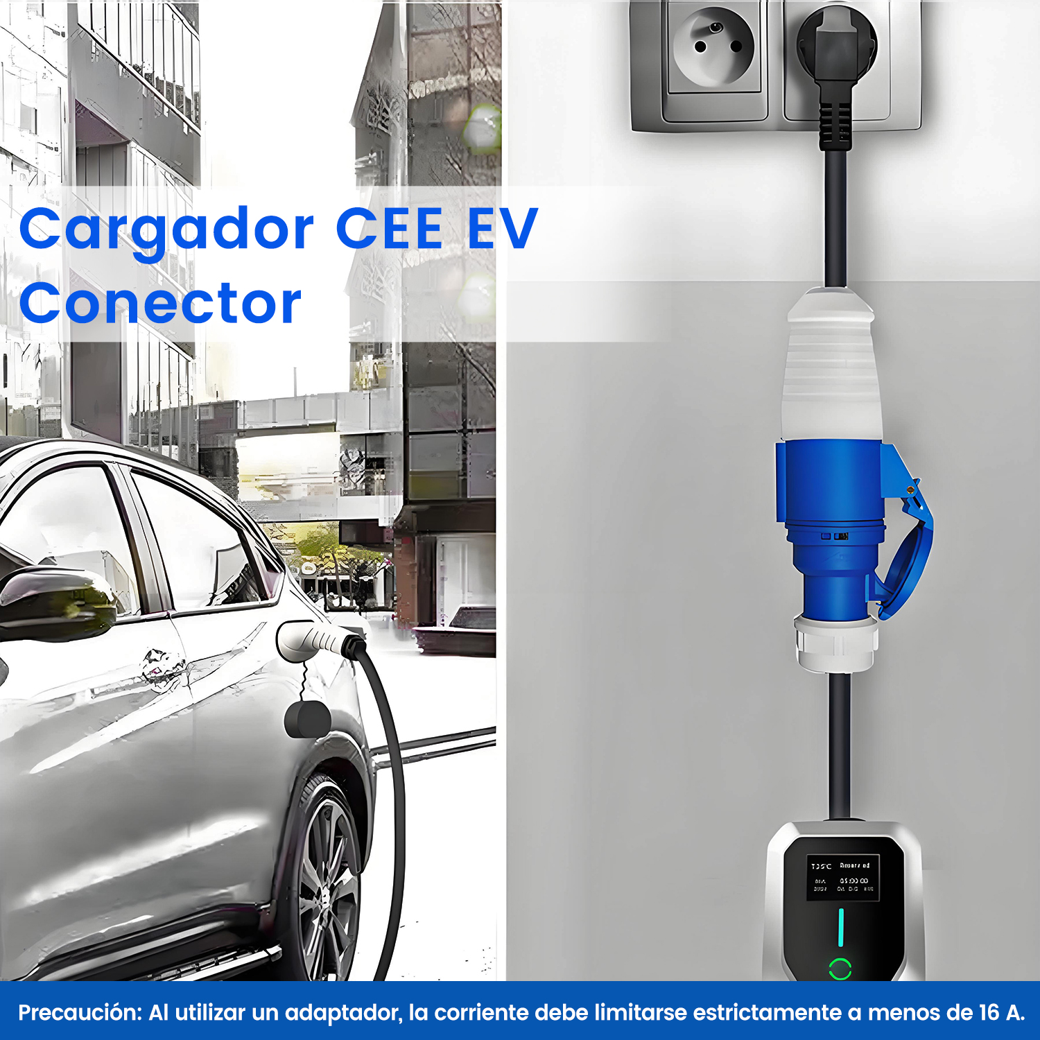 Un cargador de vehículos eléctricos enchufado a la pared. Un coche conectado a la izquierda.