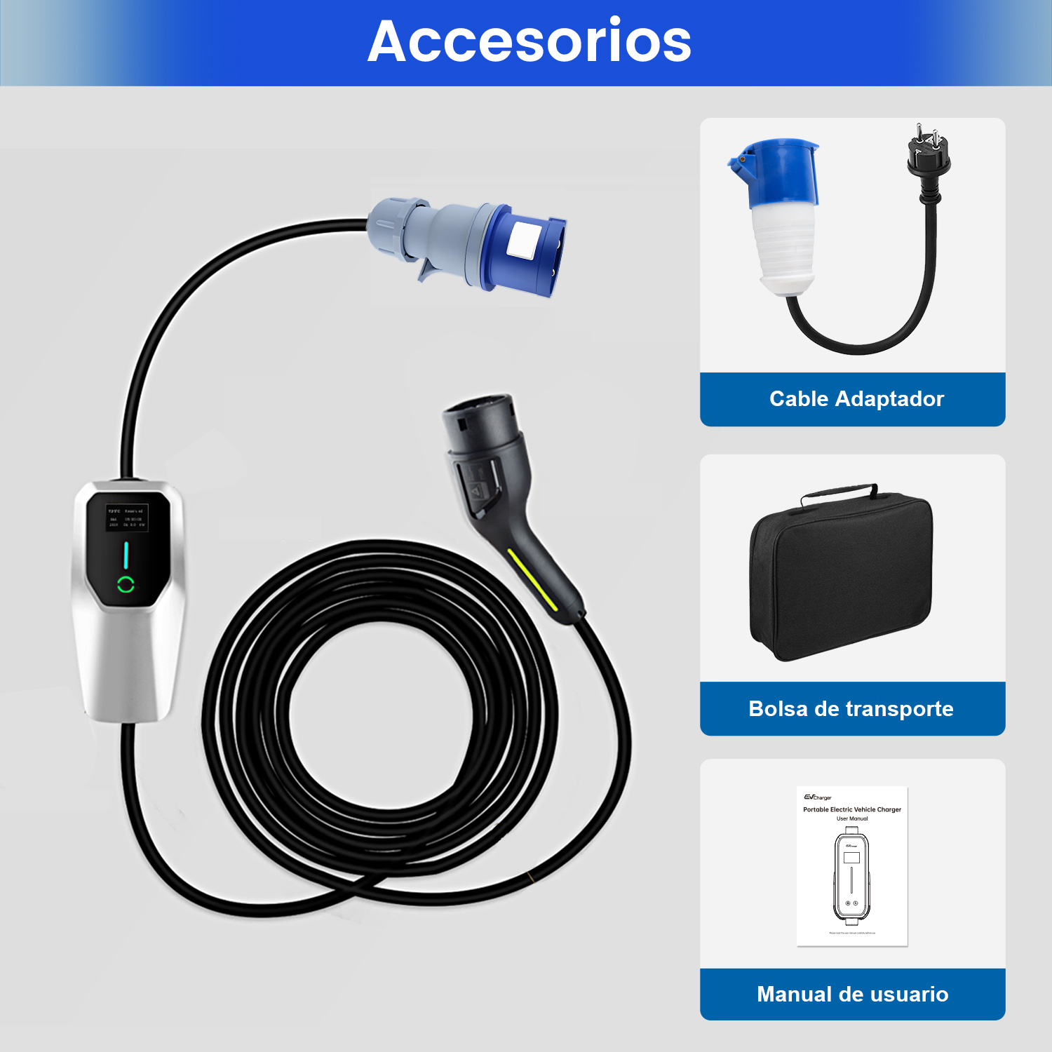Accesorios para un cargador de vehículos eléctricos, incluyendo conectores, una bolsa y un manual.