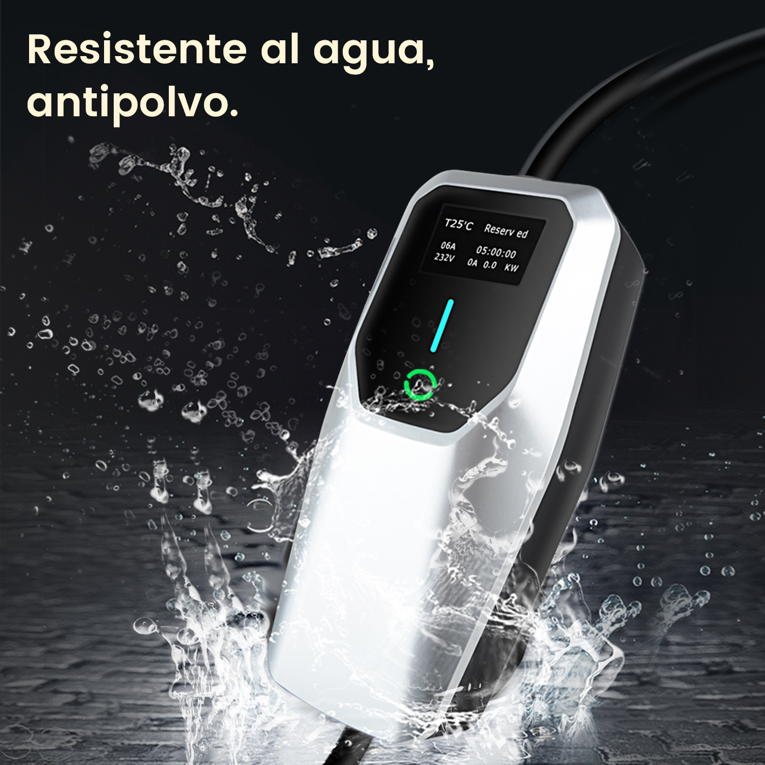 Un cargador de vehículos eléctricos con gotas de agua. La pantalla muestra datos de carga.