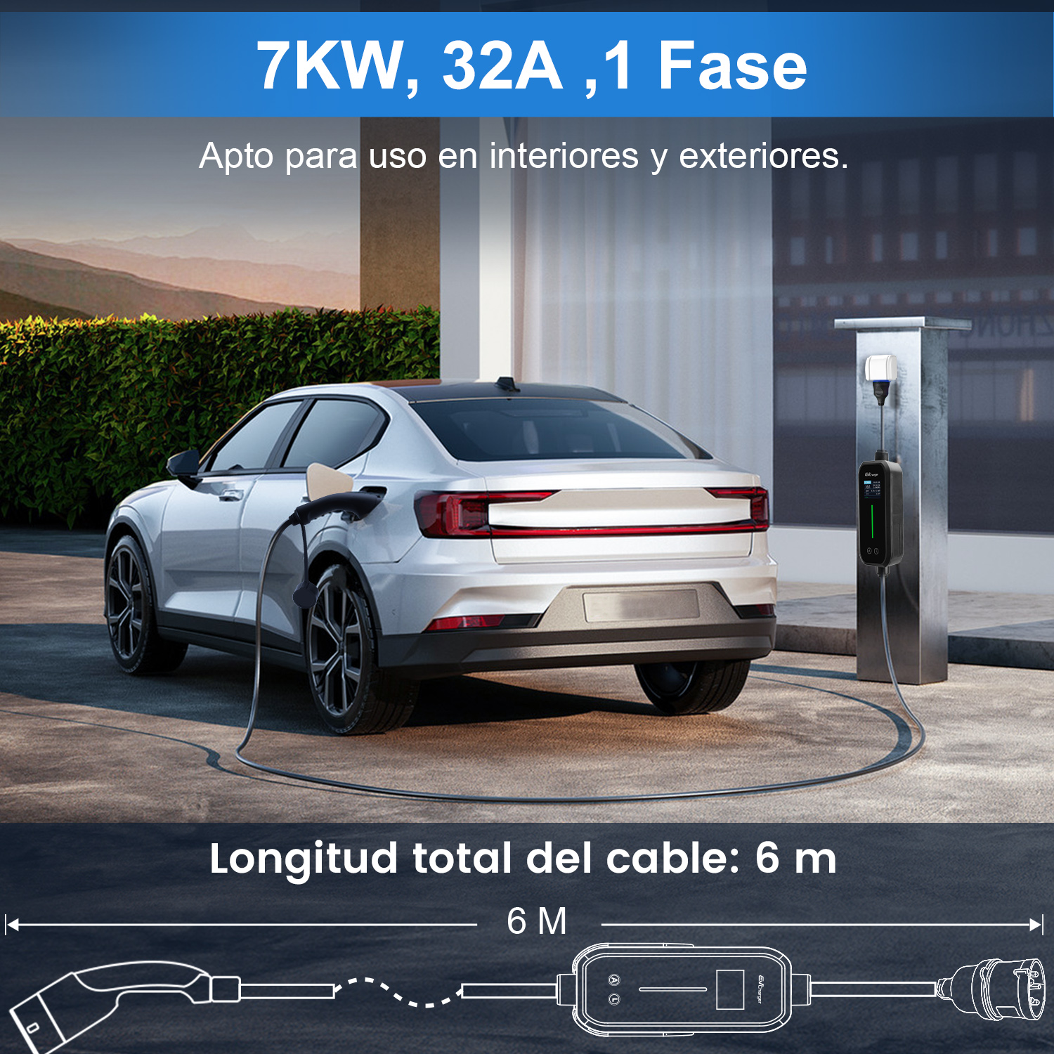 Un coche eléctrico cargándose. El cargador está conectado, con texto que indica 7KW, 32A y cable de 6m.