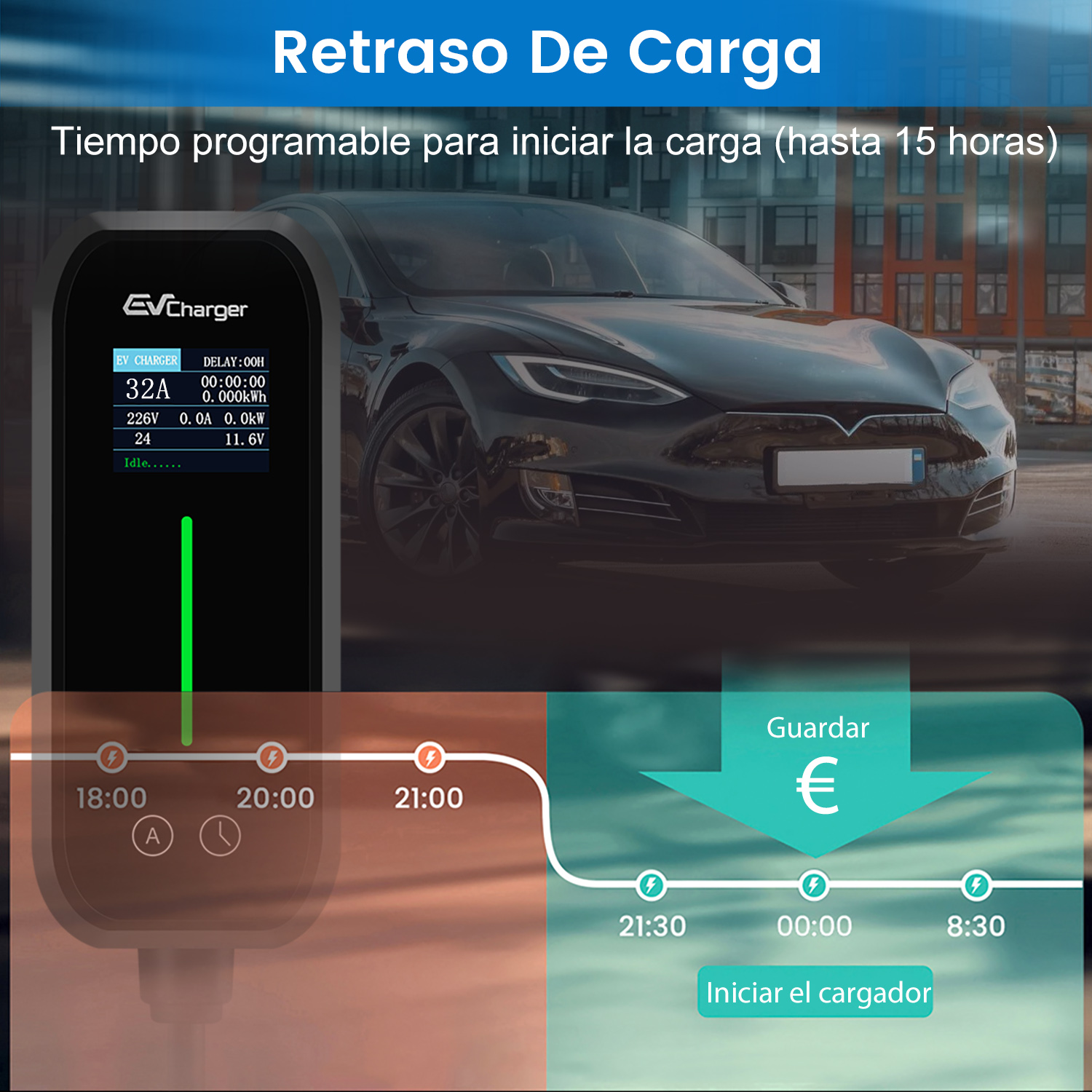 Un cargador de vehículos eléctricos con pantalla que muestra ajustes de retardo de carga y un coche en el fondo.
