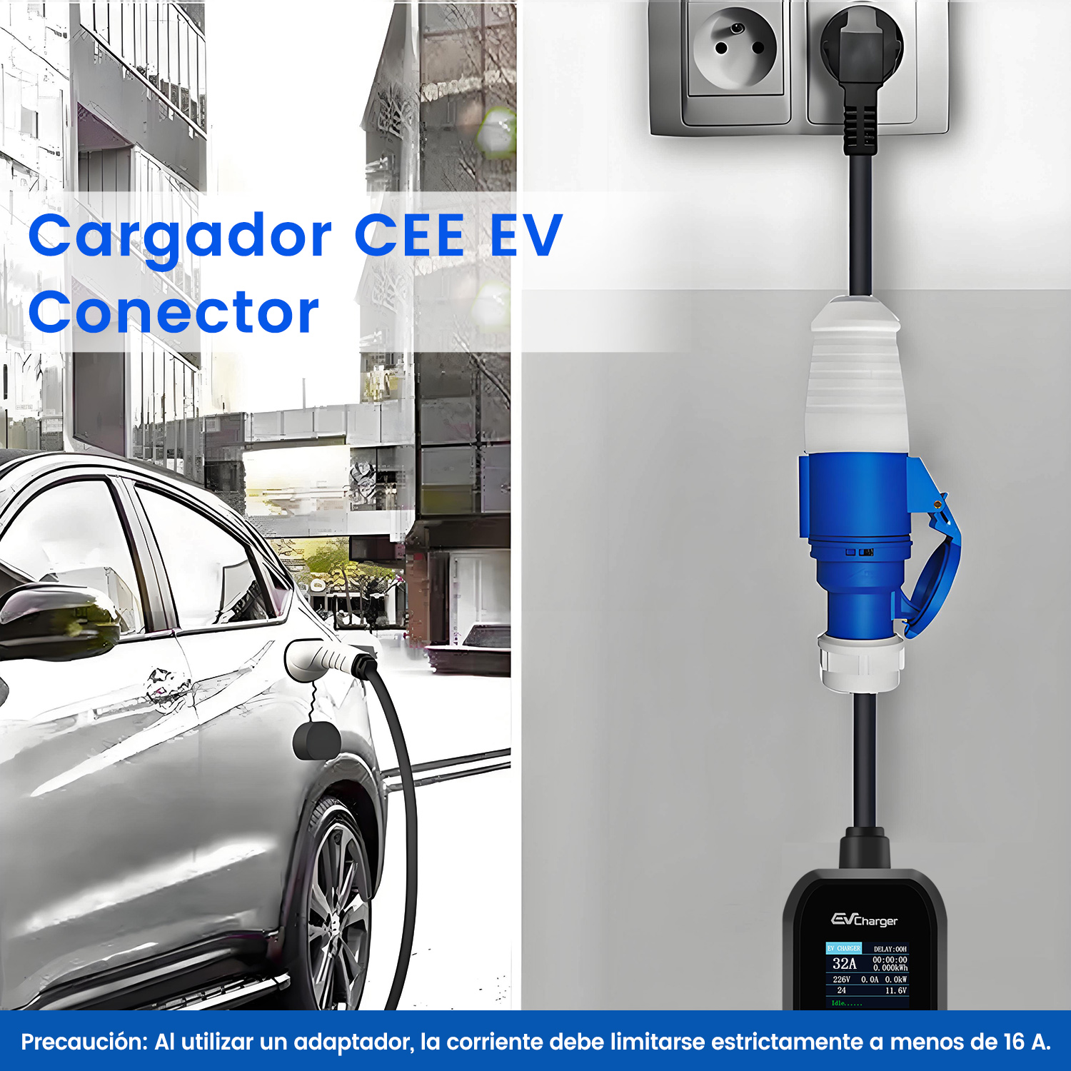 Un cargador de vehículos eléctricos enchufado a la pared. Un coche conectado a la izquierda.