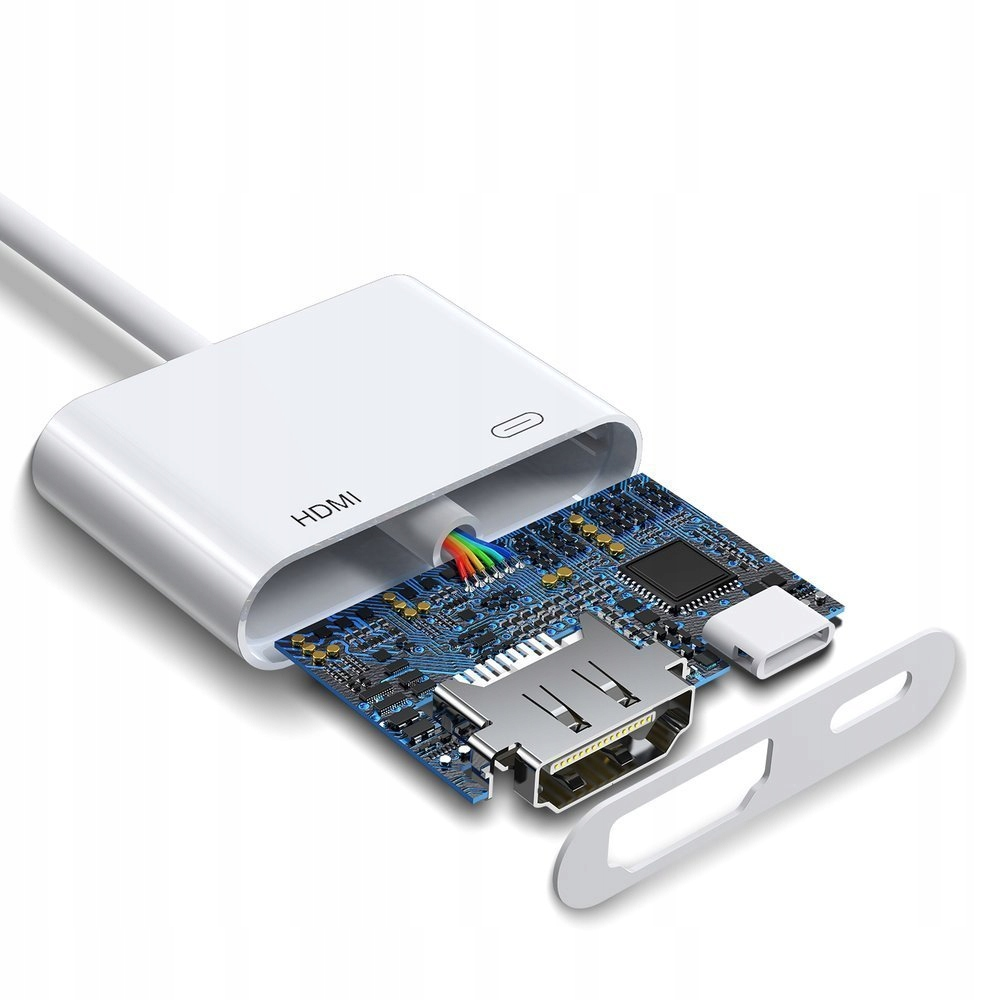 Weißer HDMI-Adapter mit freiliegender interner Leiterplatte und Regenbogenkabeln.