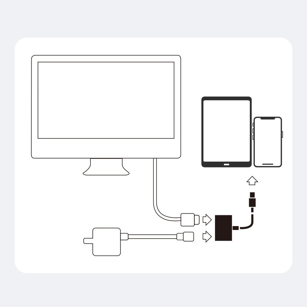 Diagramm, das die Verbindung von Monitor, Tablet und Telefon mit einem zentralen Adapter zeigt.