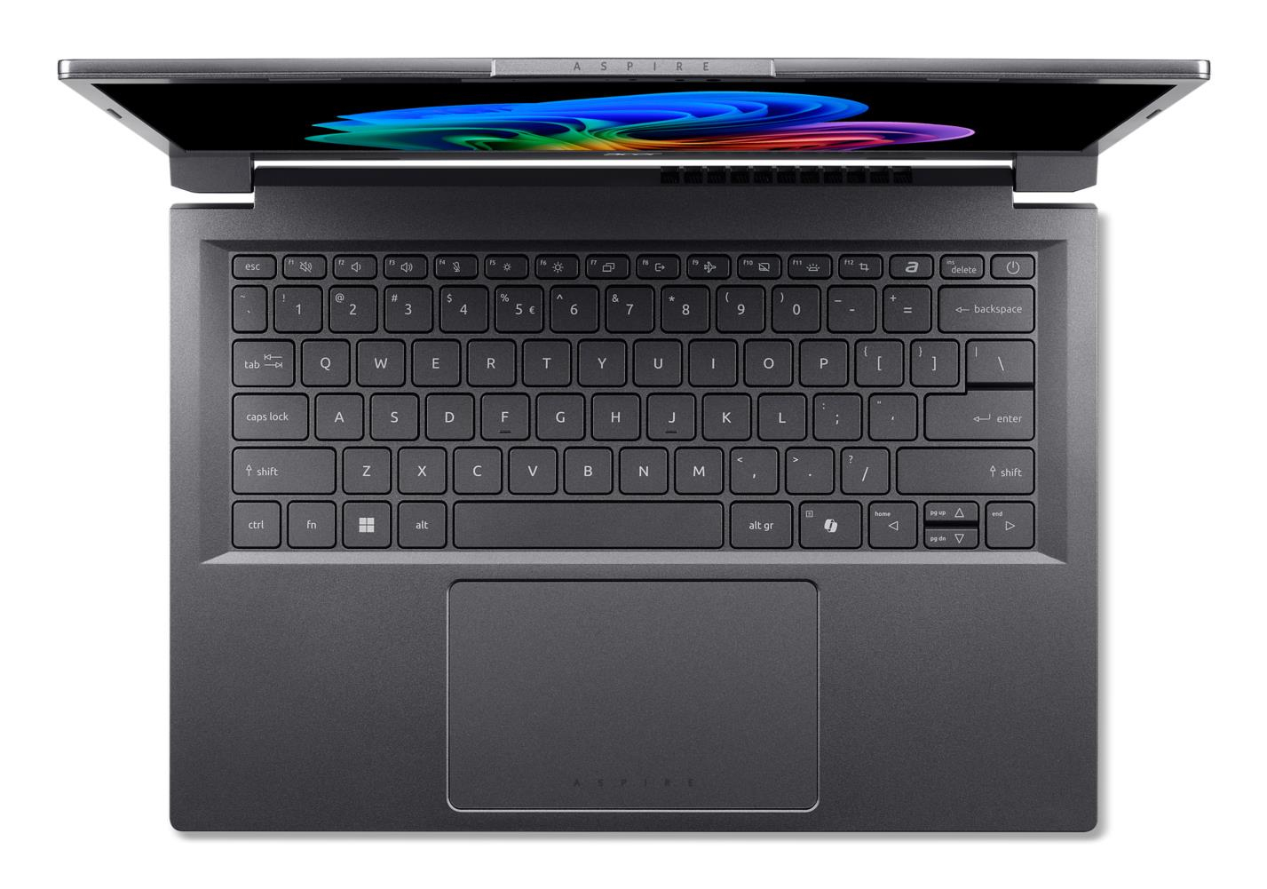 Zdjęcie z góry otwartego laptopa Acer Aspire, prezentującego szarą klawiaturę i kolorowy wyświetlacz.