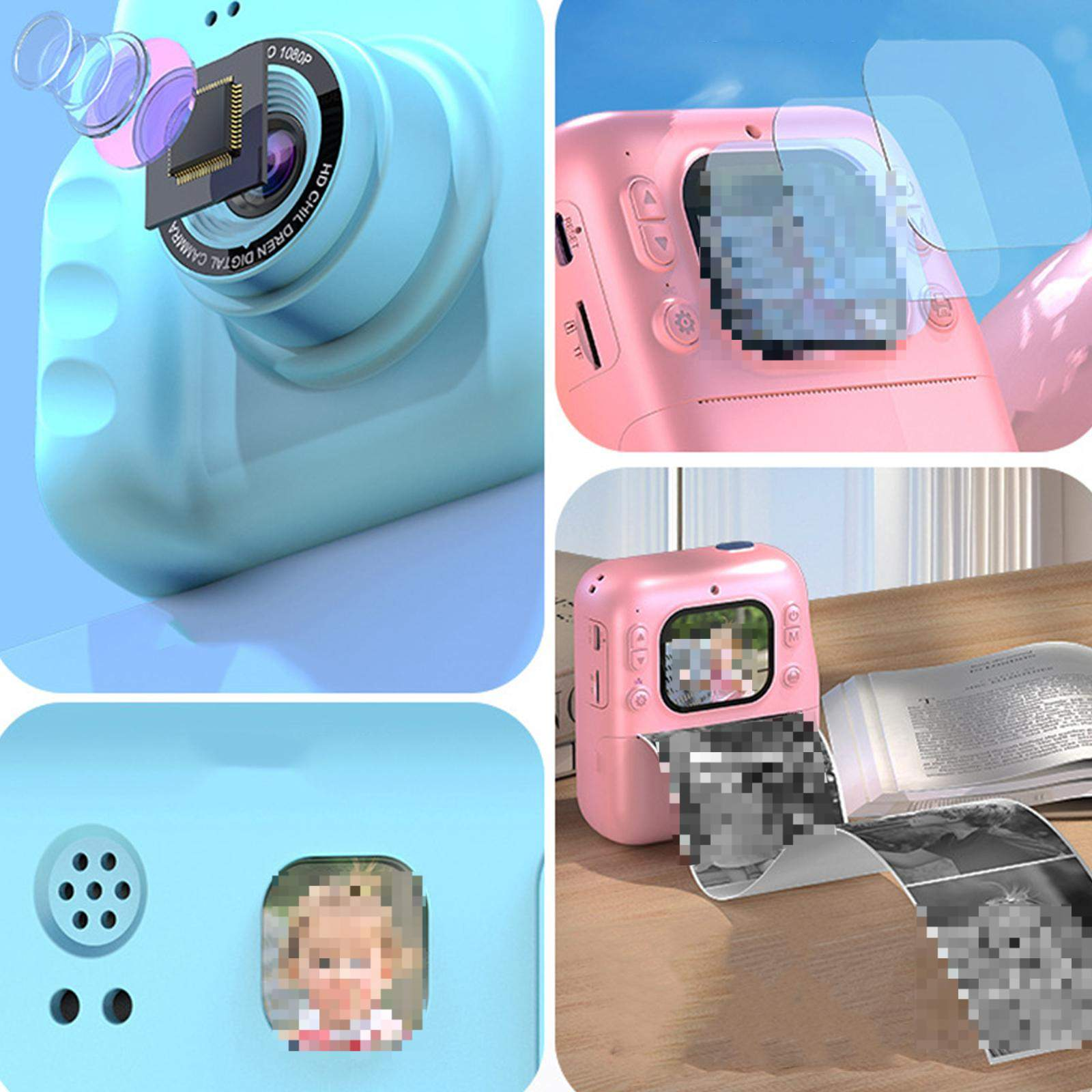 Eine blaue und rosa Kinderkamera mit Objektiv, Bildschirm und Knöpfen. Die rosa Kamera befindet sich auf einer Holzoberfläche.