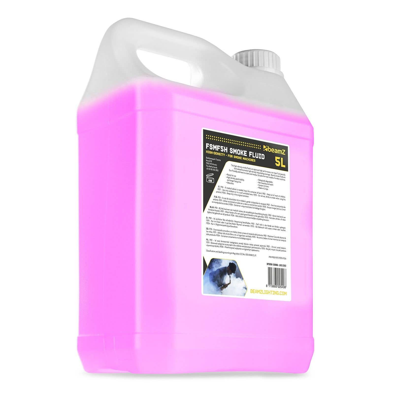 Líquido rosa para máquina de humo en un recipiente de 5L con información en la etiqueta.