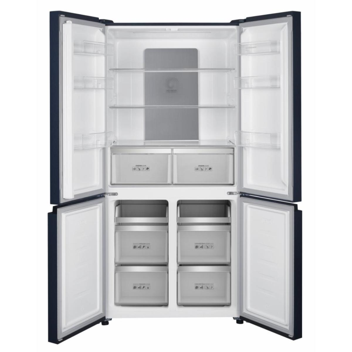 A blue refrigerator with four doors is opened to reveal empty shelves and drawers.