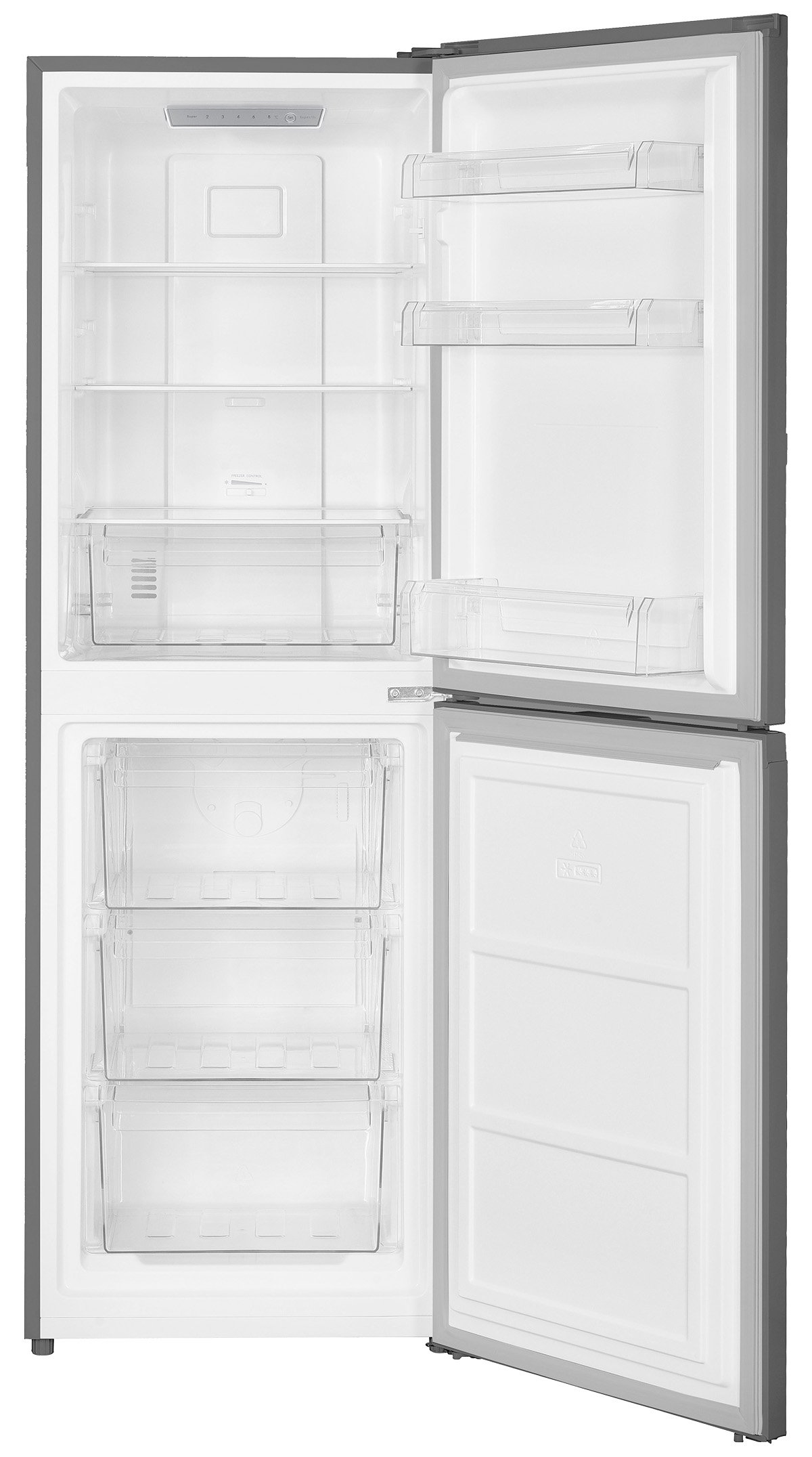 Otwarta lodówka z półkami i szufladami, białe wnętrze, szara rama.