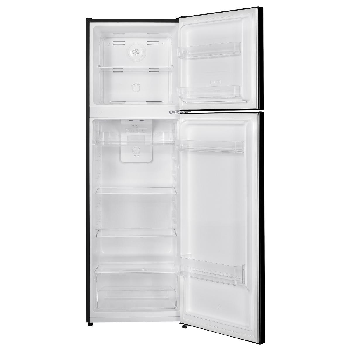 Otwarty wnętrze czarnej lodówki MPM, pokazujące półki i przegrody.