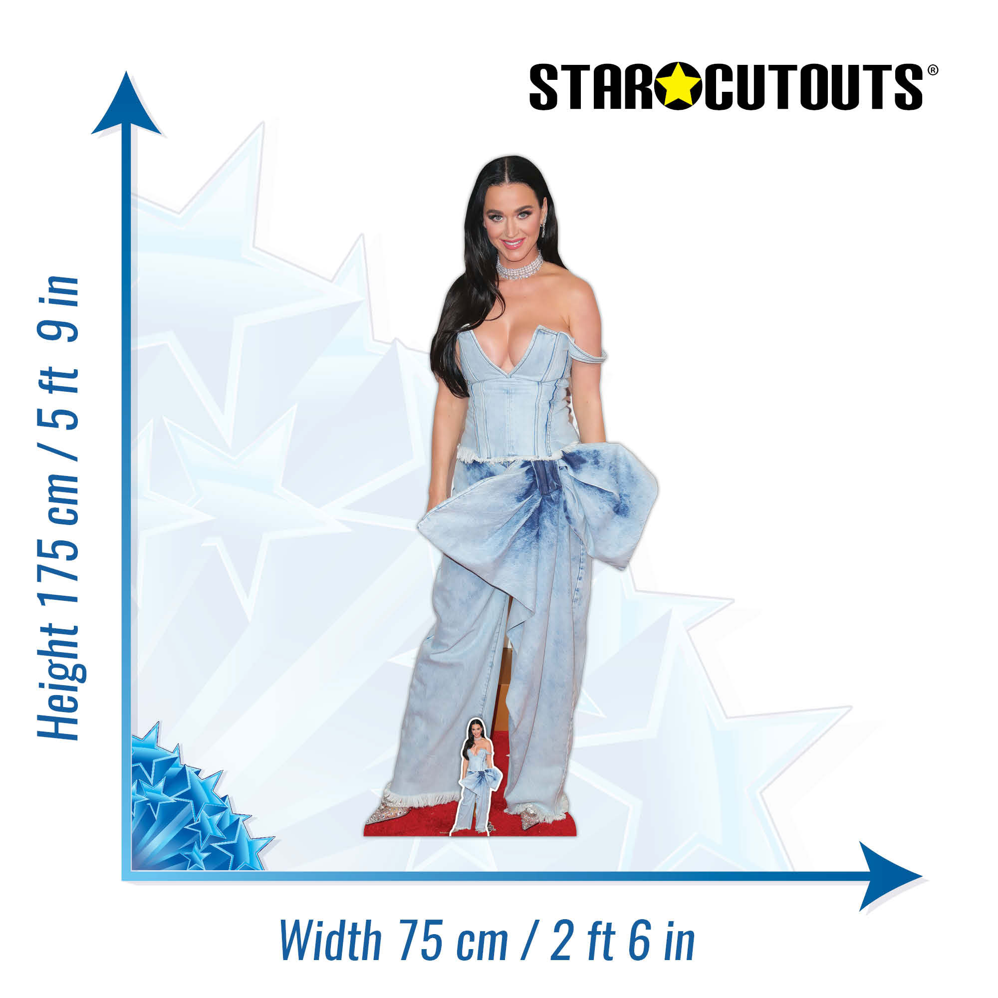 Katy Perry Pappaufsteller mit Maßen, vor sternförmigem blau-weißem Hintergrund.