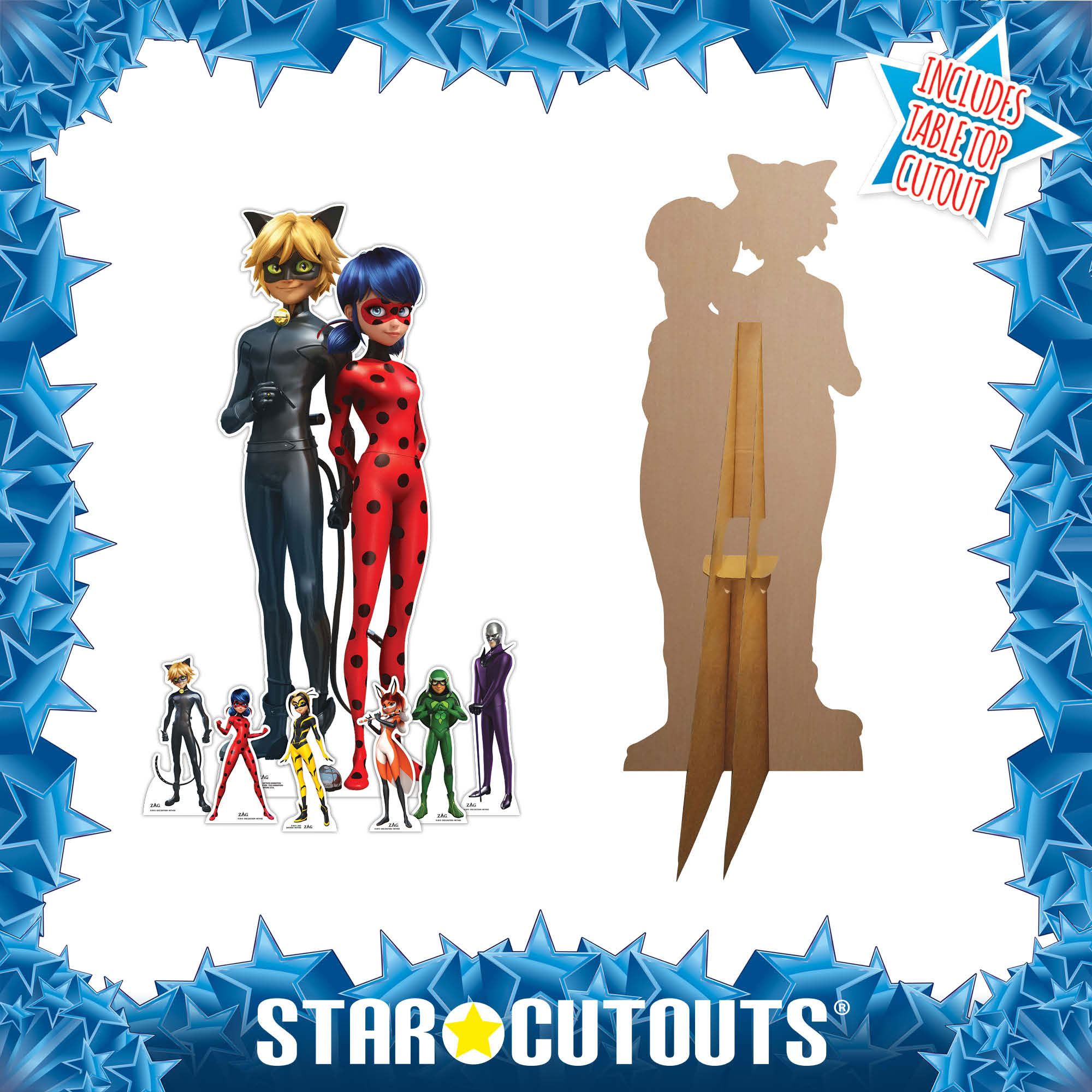 Miraculous Ladybug und Cat Noir Pappaufsteller mit kleineren Ausschnitten, vor blau-weißem Hintergrund.