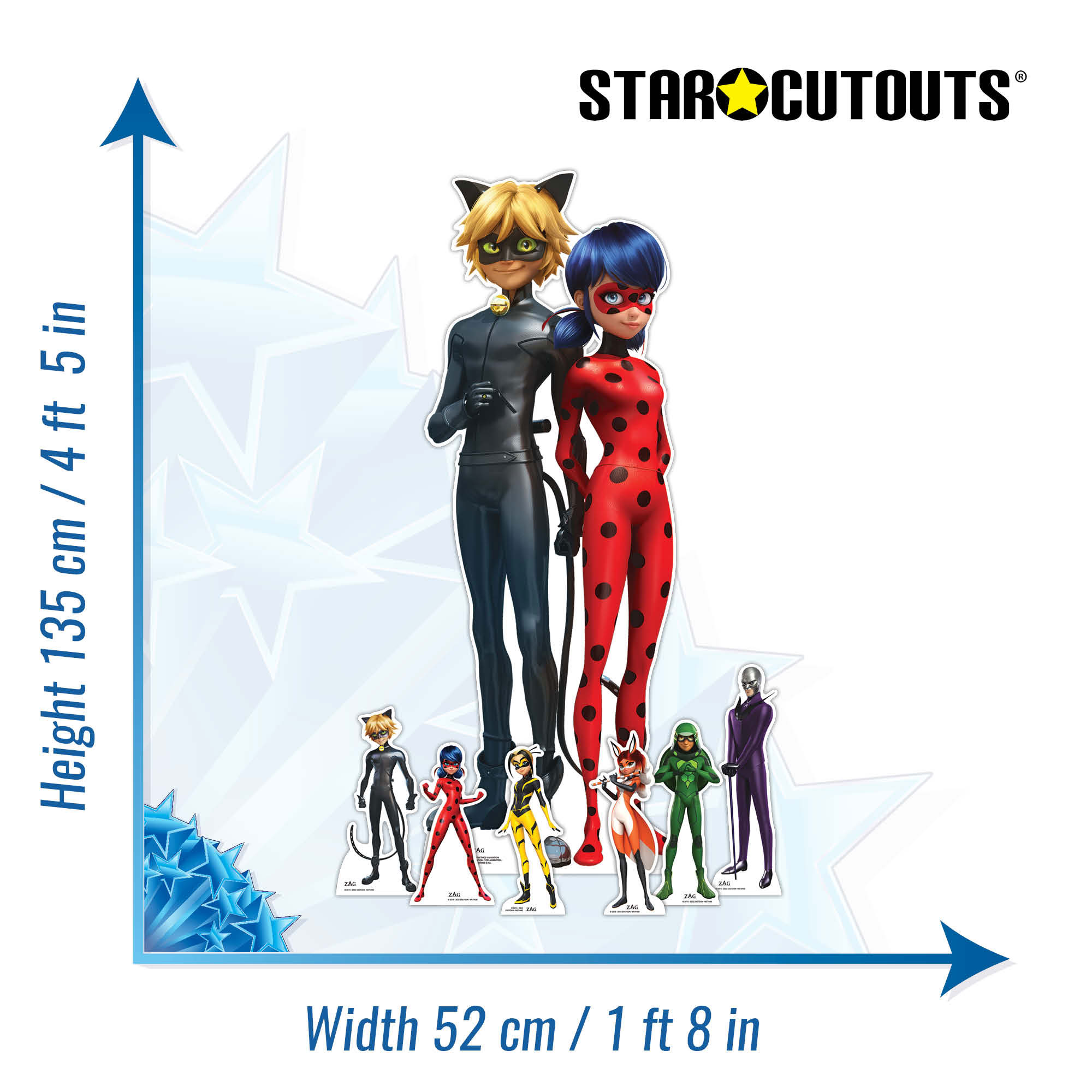 Miraculous Ladybug und Cat Noir Pappaufsteller mit Maßen, vor blau-weißem Hintergrund.