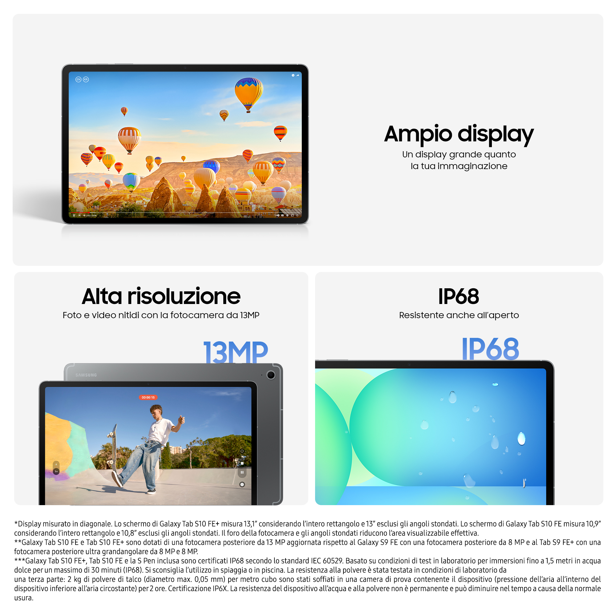 Tablet met ballonnen, een filmende persoon en een blauw-groene afbeelding.