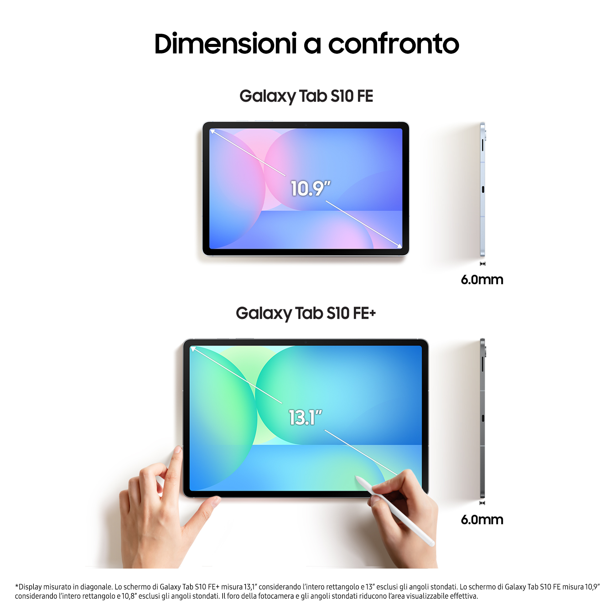 Twee tablets met schermformaten, 10,9" en 13,1", met afmetingen.