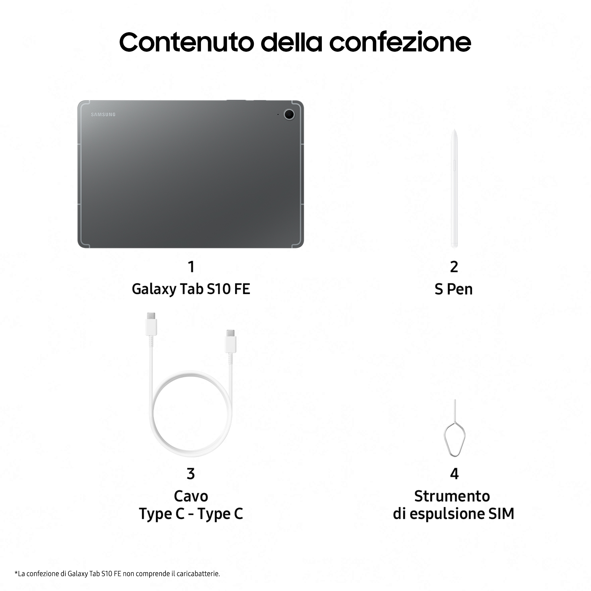 Afbeeldingen die de inhoud van het Galaxy Tab S10 FE-pakket tonen.
