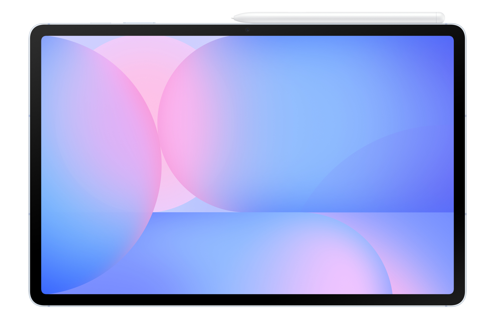 Tableta con círculos azules y rosas en la pantalla y un lápiz blanco.