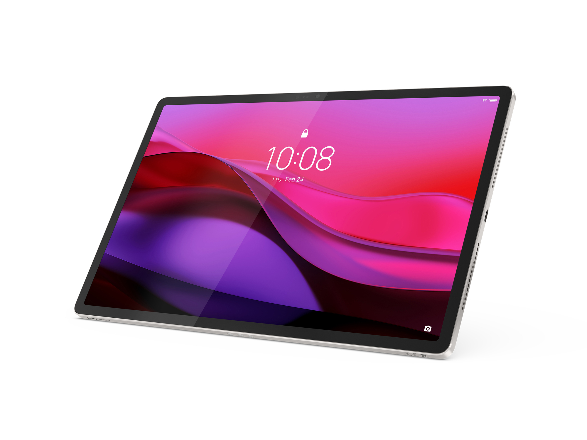 Tablet wyświetla różowo-fioletową tapetę ze znacznikiem czasu 10:08, na białym tle.