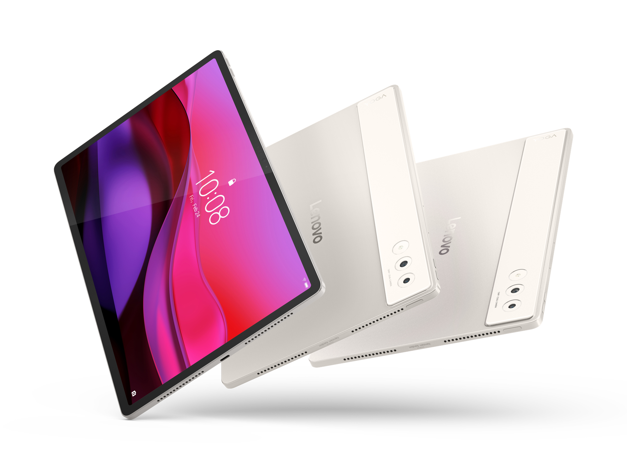 Trzy tablety są ułożone w rzędzie po przekątnej, każdy wyświetla różowo-fioletową tapetę ze znacznikiem czasu 10:08.