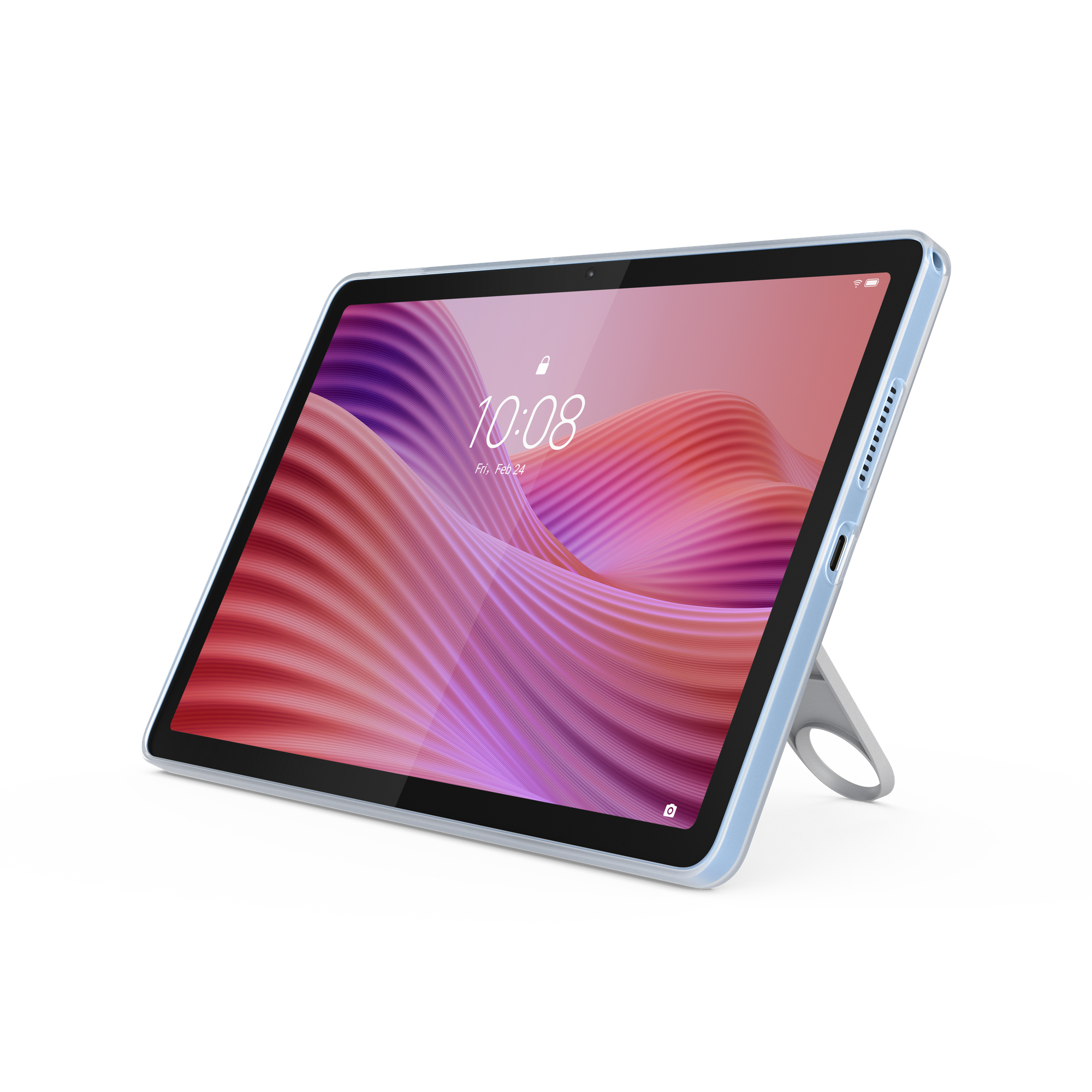 Jasnoniebieski tablet wyświetla różowo-fioletową tapetę ze znacznikiem czasu 10:08, podparty stojakiem.