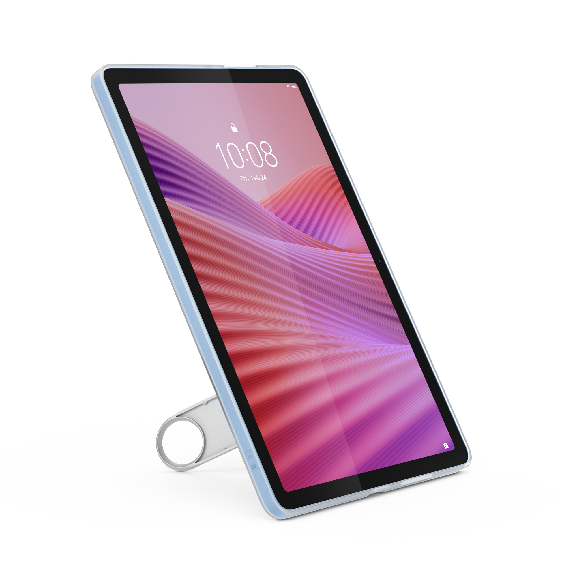 Jasnoniebieski tablet wyświetla różowo-fioletową tapetę ze znacznikiem czasu 10:08, podparty stojakiem.