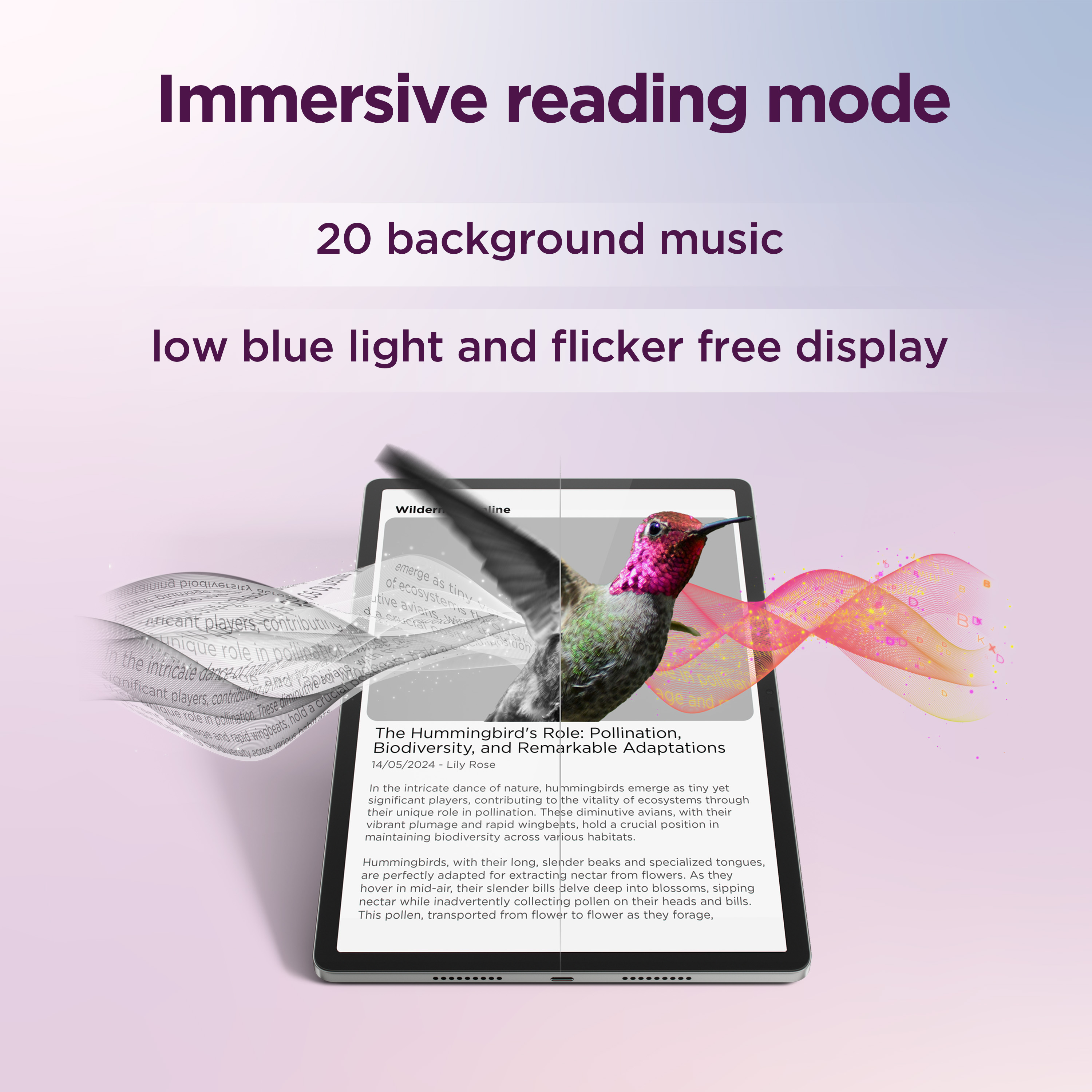 Tablet che mostra un articolo sui colibrì con elementi grafici sovrapposti su uno sfondo sfocato.