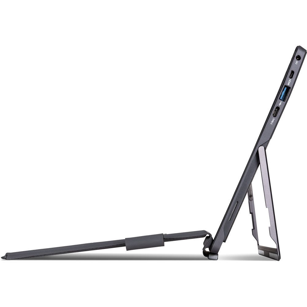 Tablet z podpórką, portami i uchwytem na rysik, ustawiony pod kątem na białym tle.