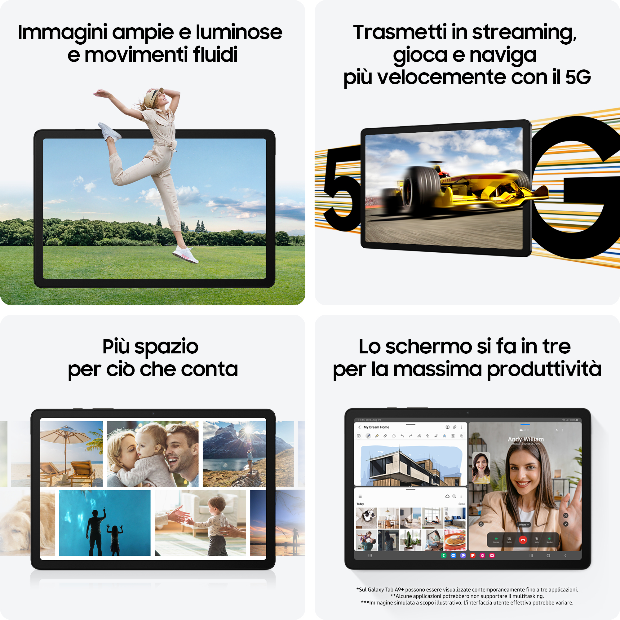 Kolaż czterech obrazów przedstawiających tablet z różnymi scenami i tekstem związanym z jego funkcjami.