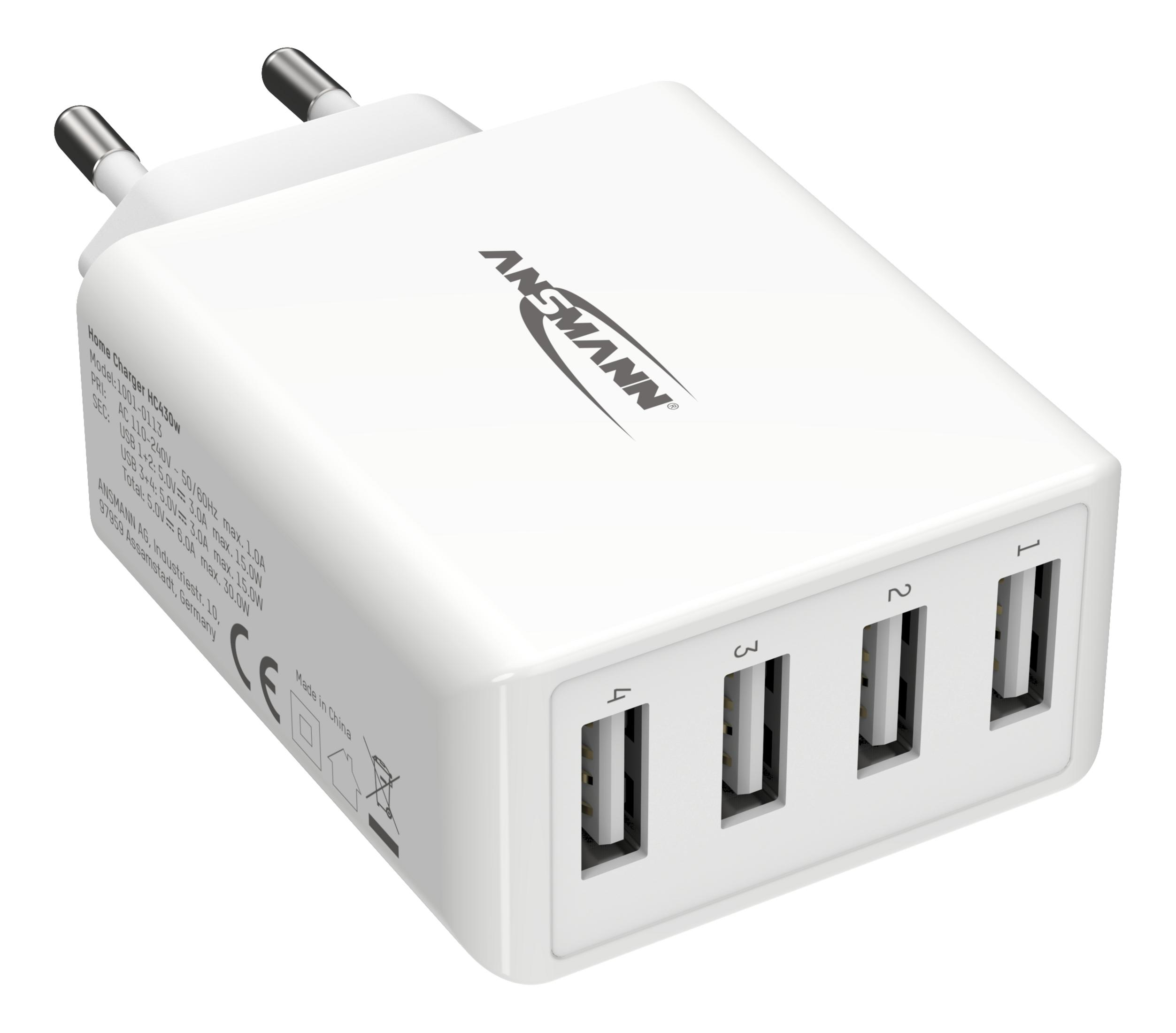 Weißes USB-Ladegerät mit vier Anschlüssen und Stiften, beschriftet mit Ansmann, vor einem weißen Hintergrund.