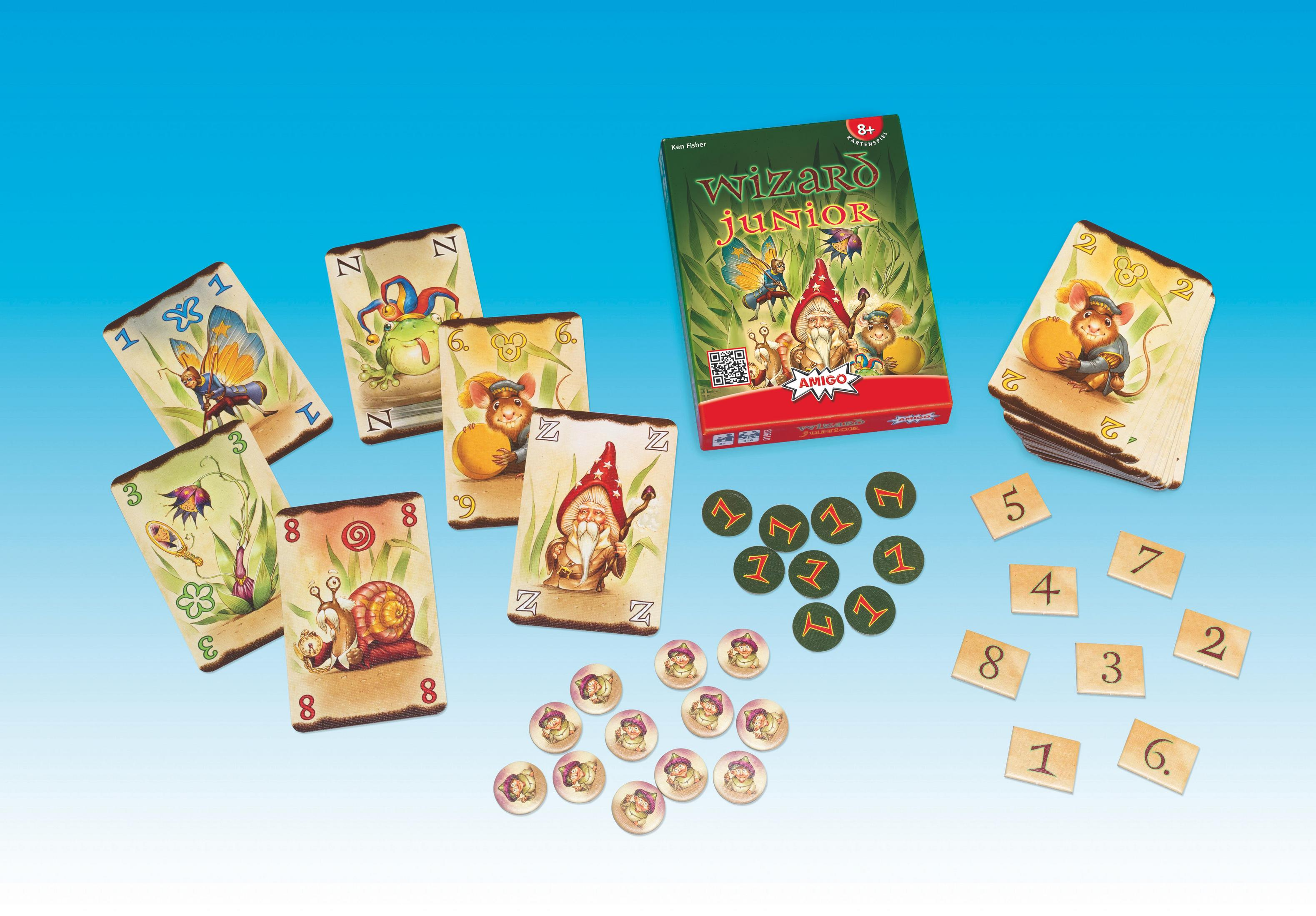 Die Wizard Junior Kartenspielbox, Karten und Spielsteine sind auf einem blauen Hintergrund verteilt.