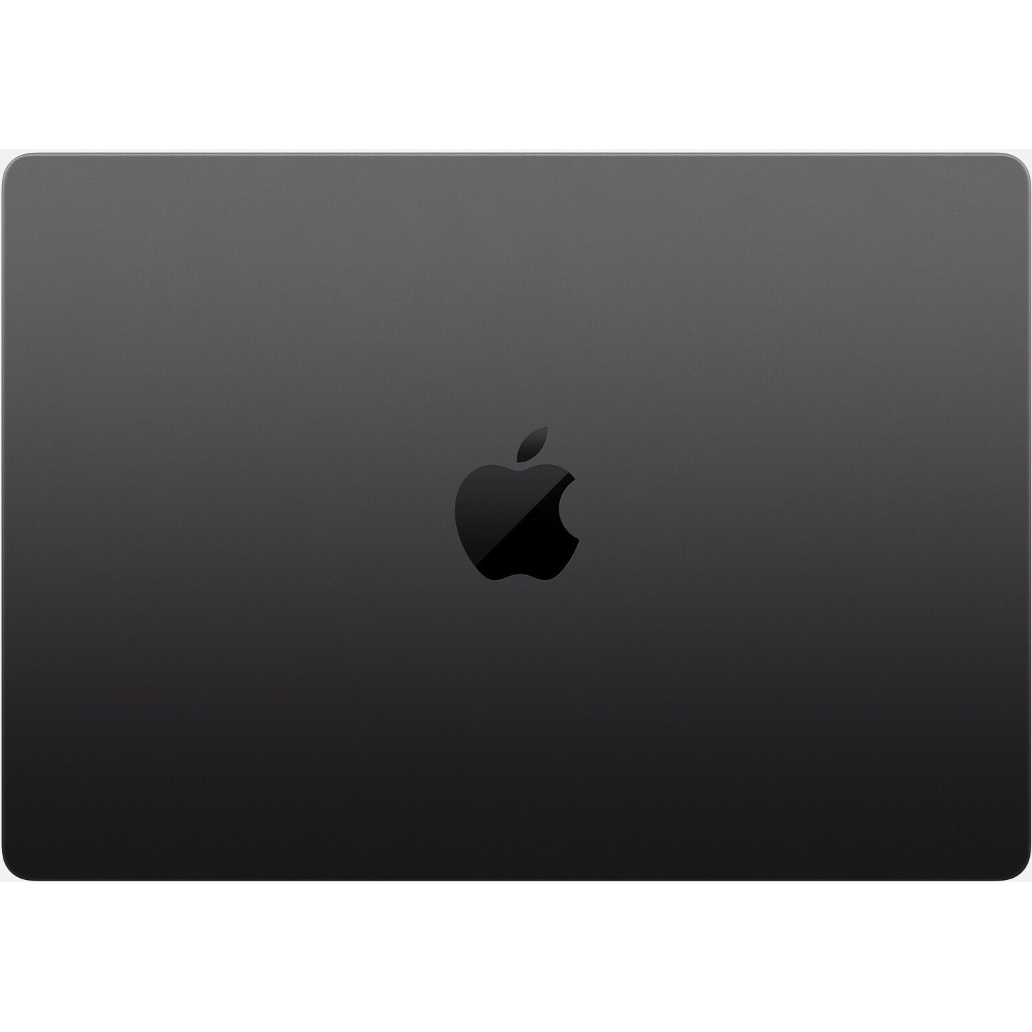 Zamknięty laptop z czarnym logo Apple pośrodku na szarym tle.